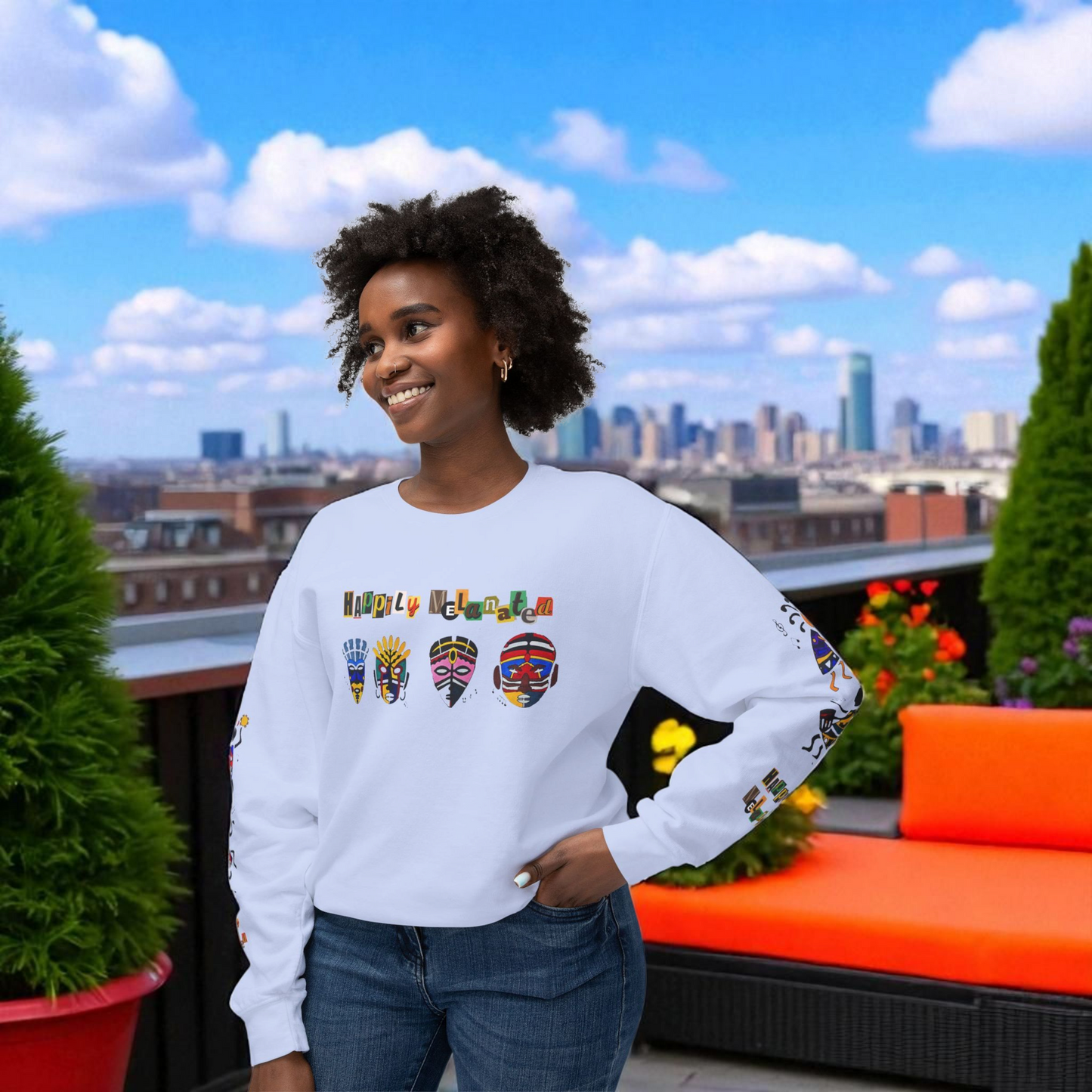 Handcrafted Afro Music Cartoon Graphic Unisex Lightweight Crewneck Sweatshirt