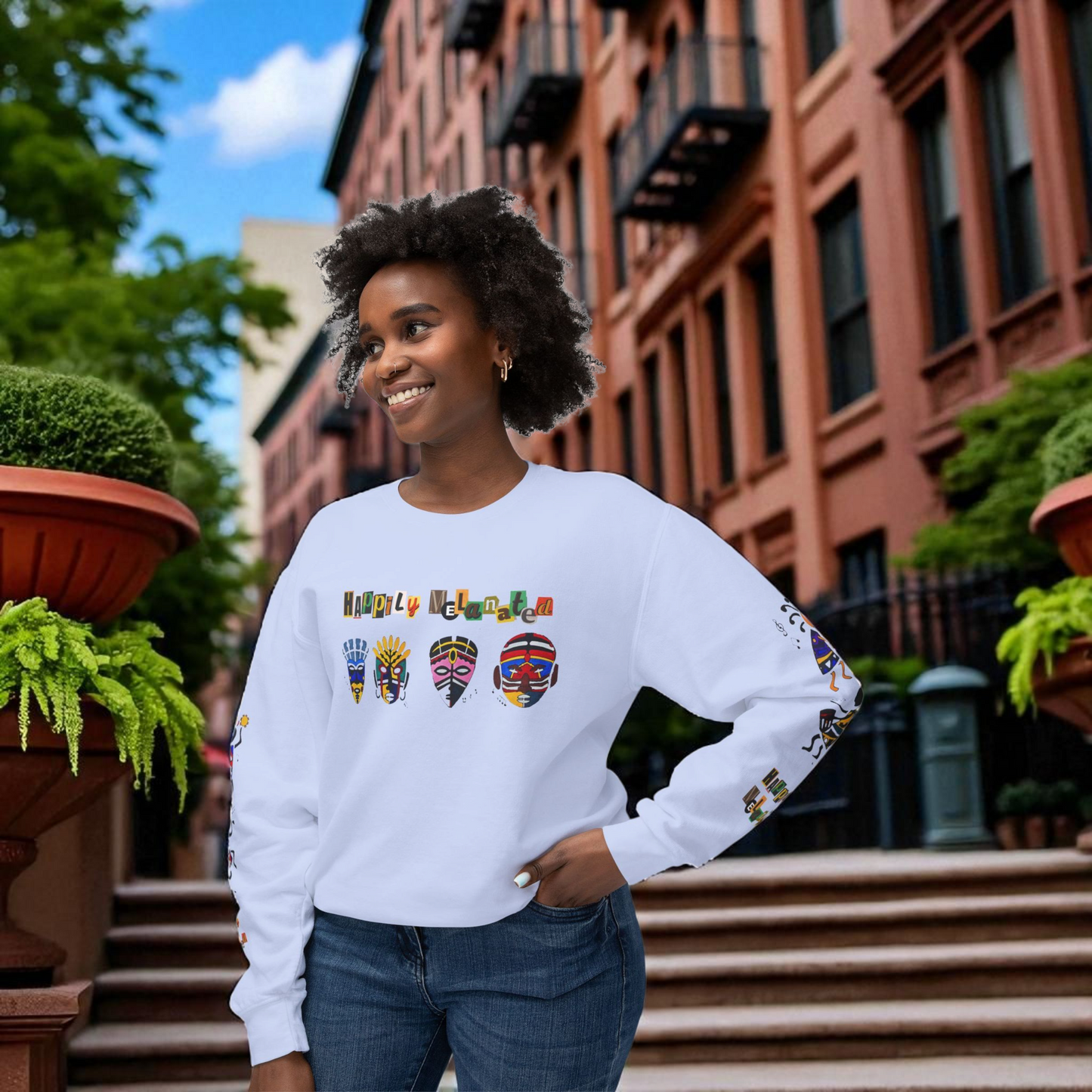 Handcrafted Afro Music Cartoon Graphic Unisex Lightweight Crewneck Sweatshirt