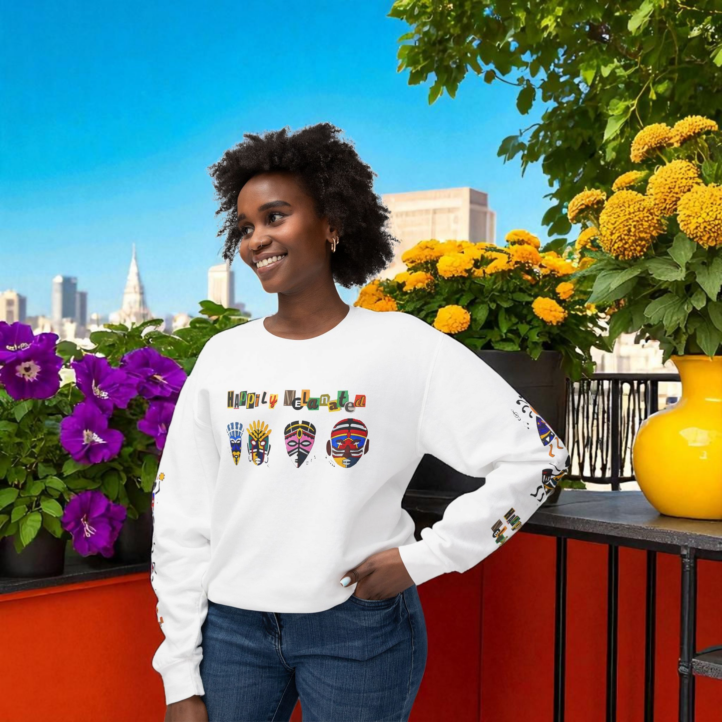 Handcrafted Afro Music Cartoon Graphic Unisex Lightweight Crewneck Sweatshirt