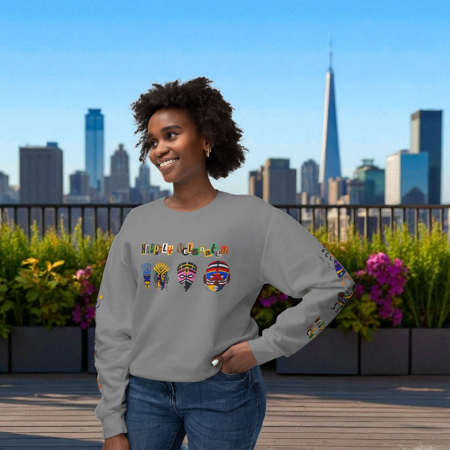Handcrafted Afro Music Cartoon Graphic Unisex Lightweight Crewneck Sweatshirt