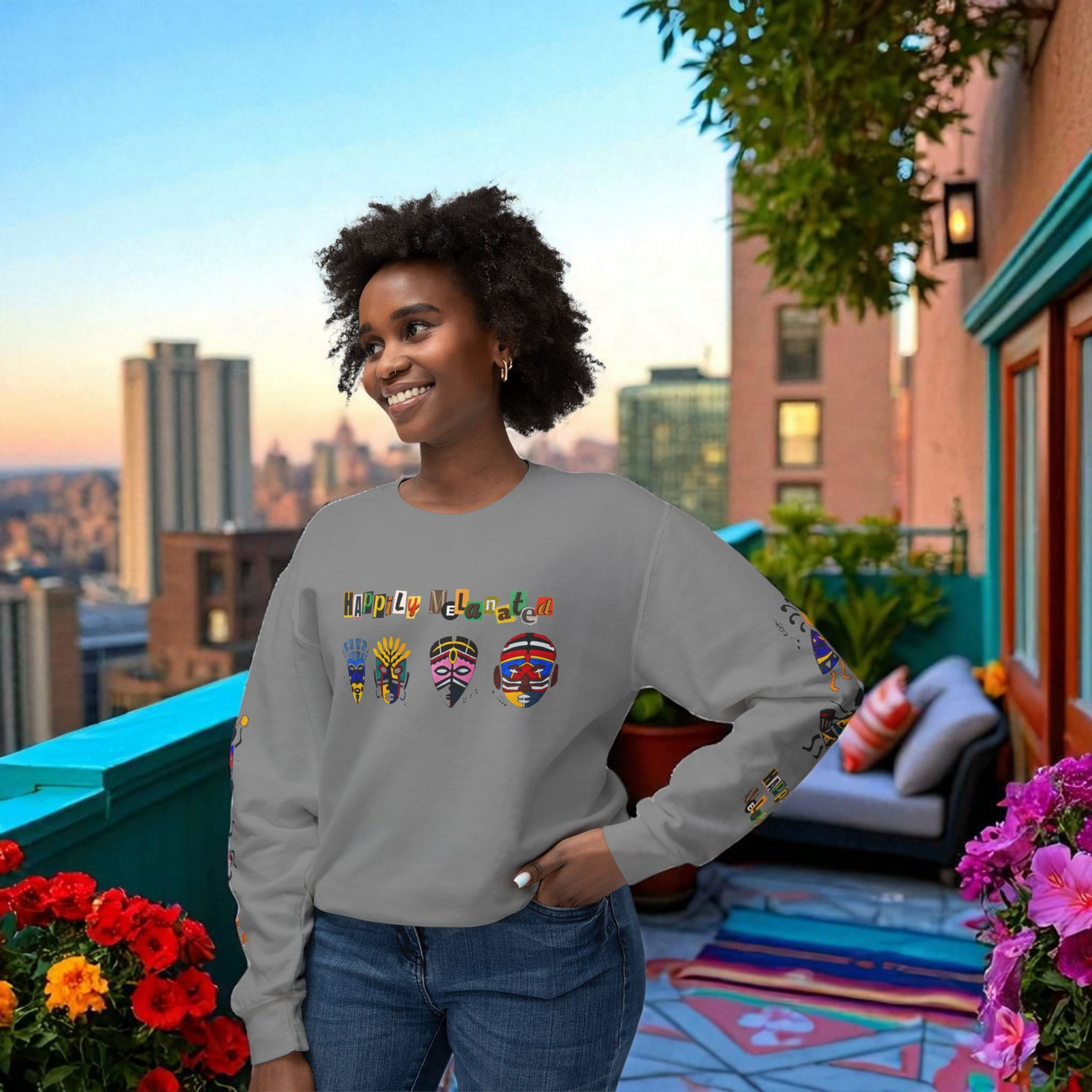 Handcrafted Afro Music Cartoon Graphic Unisex Lightweight Crewneck Sweatshirt
