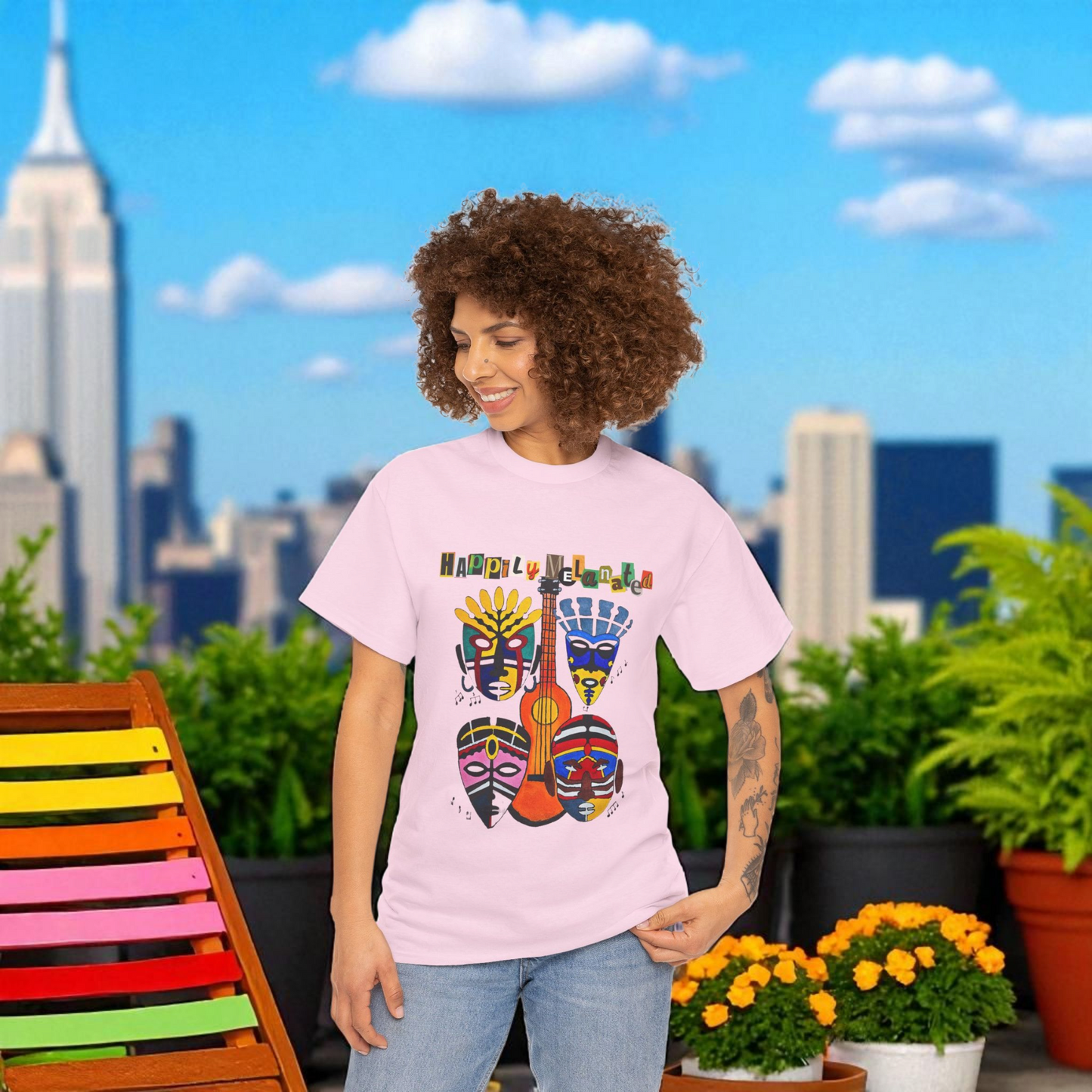 Guitar Art Tribal Masks Unisex Tee, Music Lover Graphic Shirt, Unique Handcrafted Tee