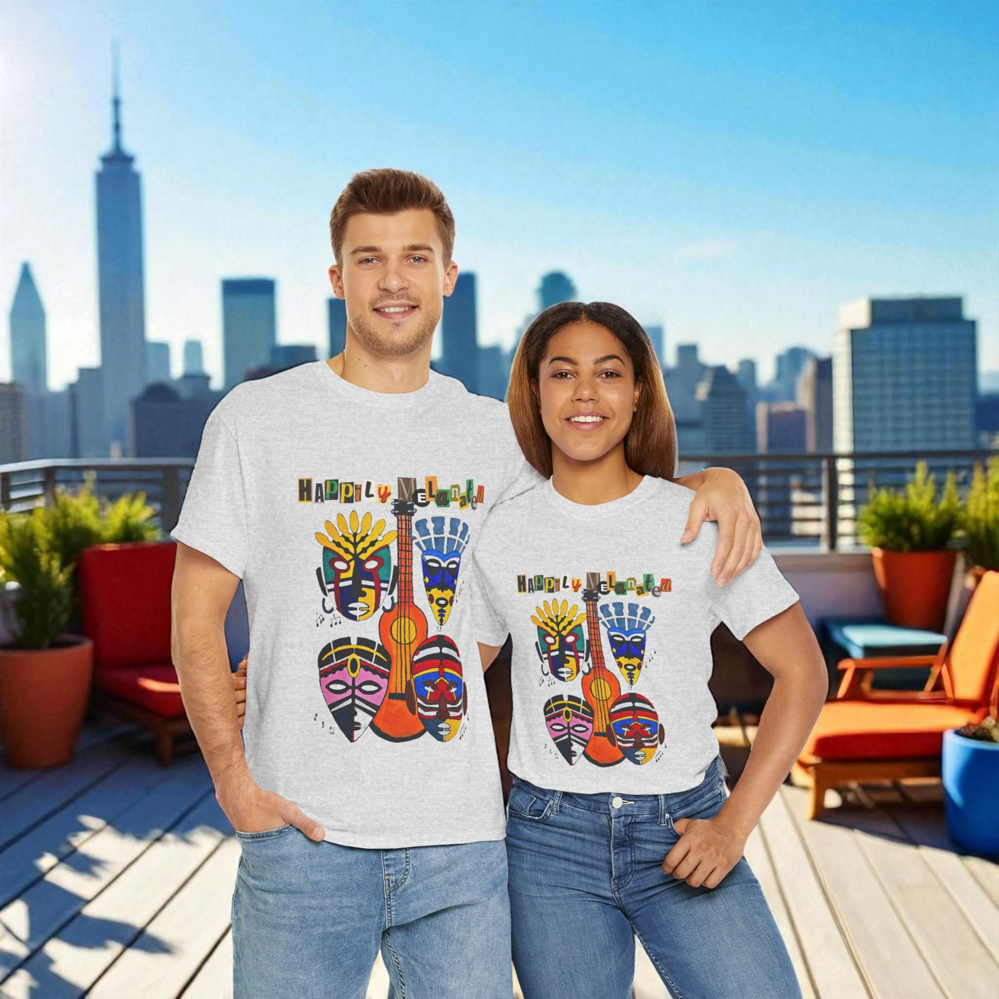 Guitar Art Tribal Masks Unisex Tee, Music Lover Graphic Shirt, Unique Handcrafted Tee