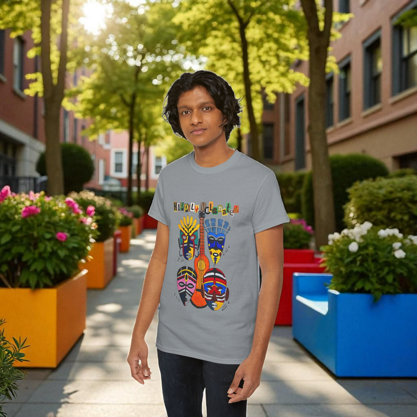 Guitar Art Tribal Masks Unisex Tee, Music Lover Graphic Shirt, Unique Handcrafted Tee