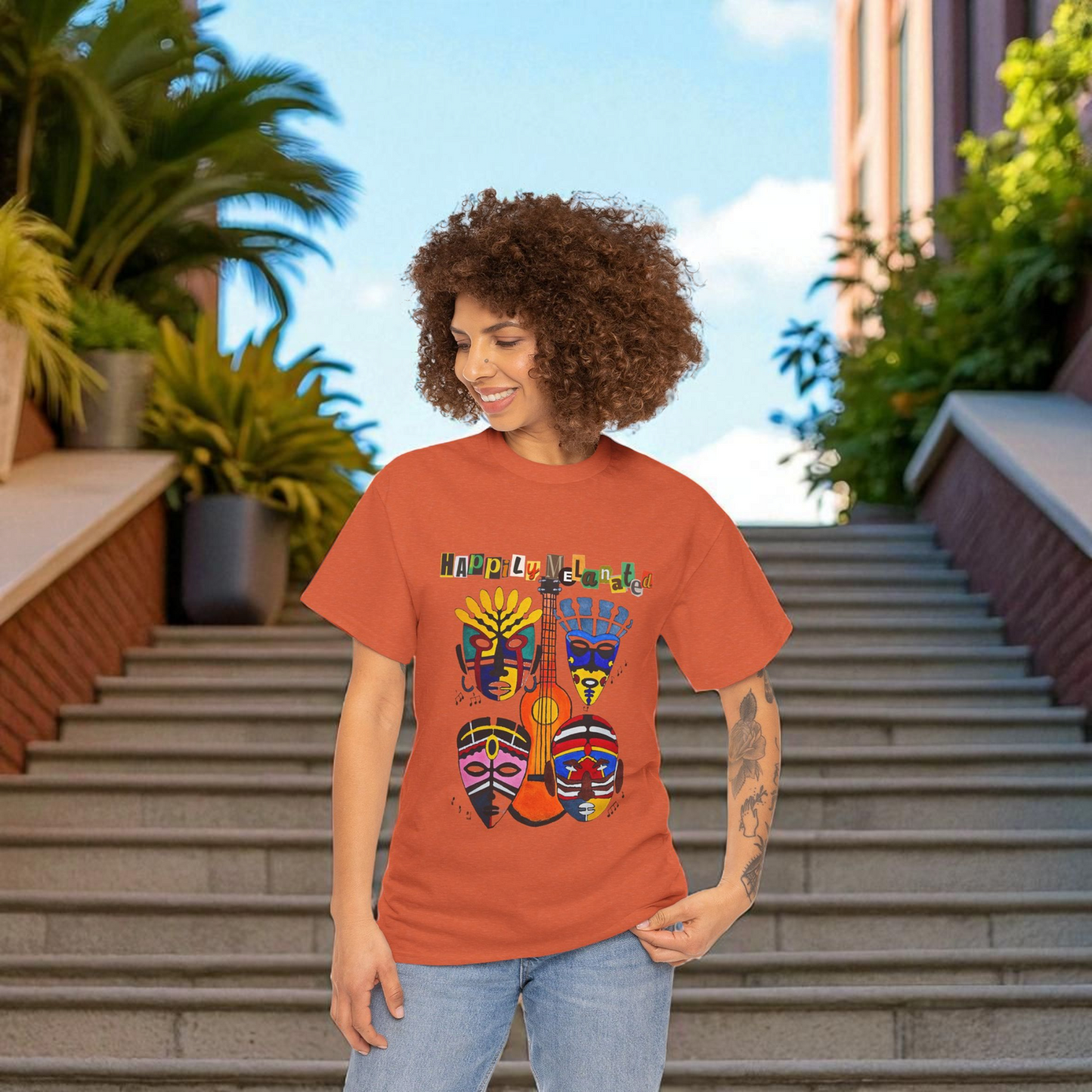 Guitar Art Tribal Masks Unisex Tee, Music Lover Graphic Shirt, Unique Handcrafted Tee