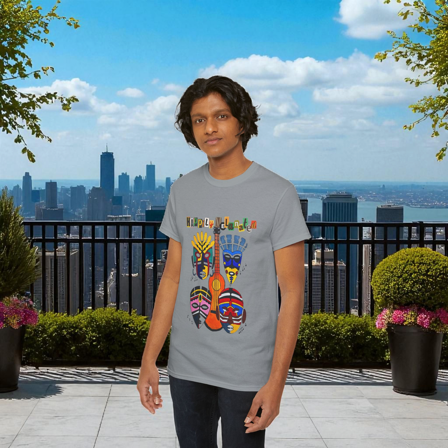 Guitar Art Tribal Masks Unisex Tee, Music Lover Graphic Shirt, Unique Handcrafted Tee