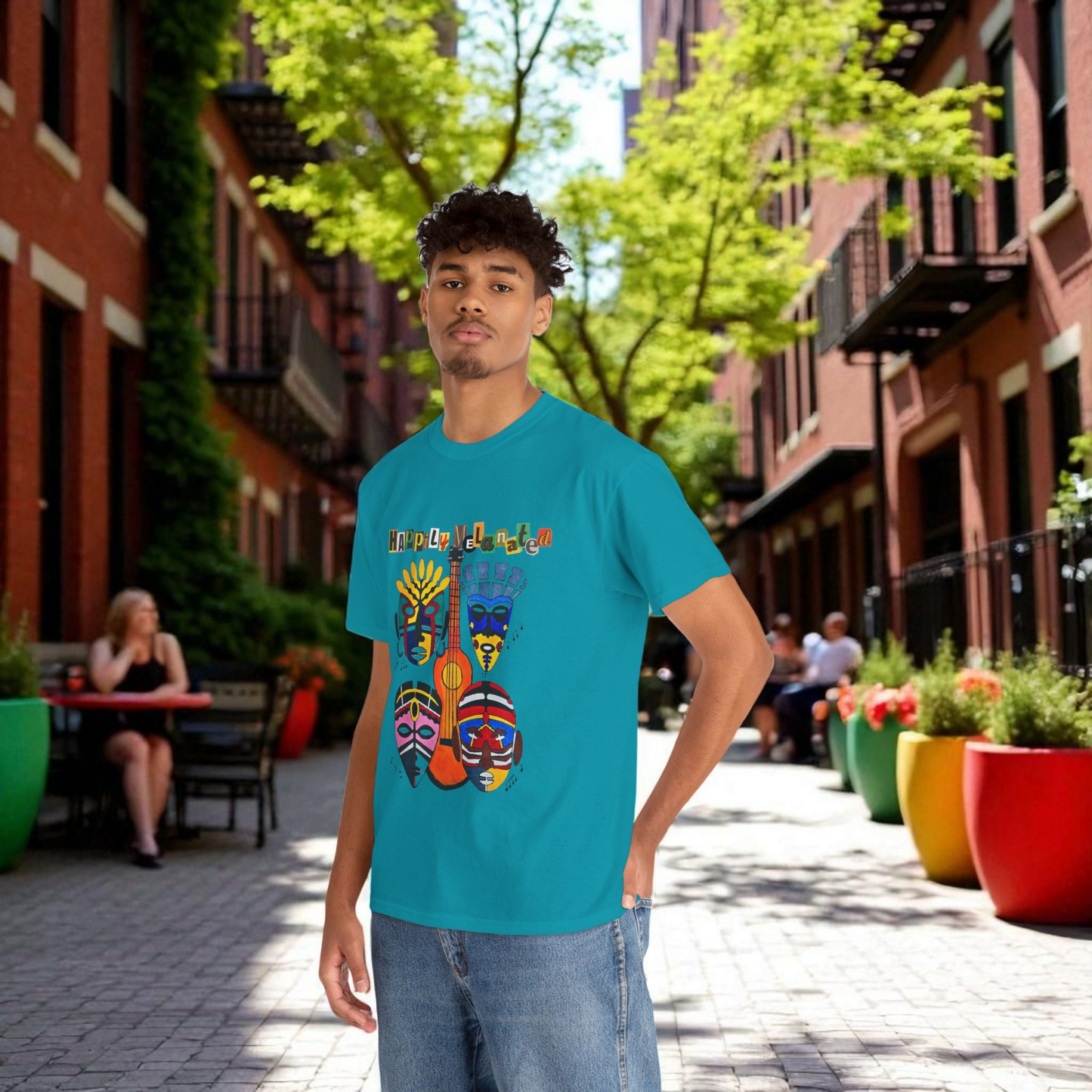 Guitar Art Tribal Masks Unisex Tee, Music Lover Graphic Shirt, Unique Handcrafted Tee