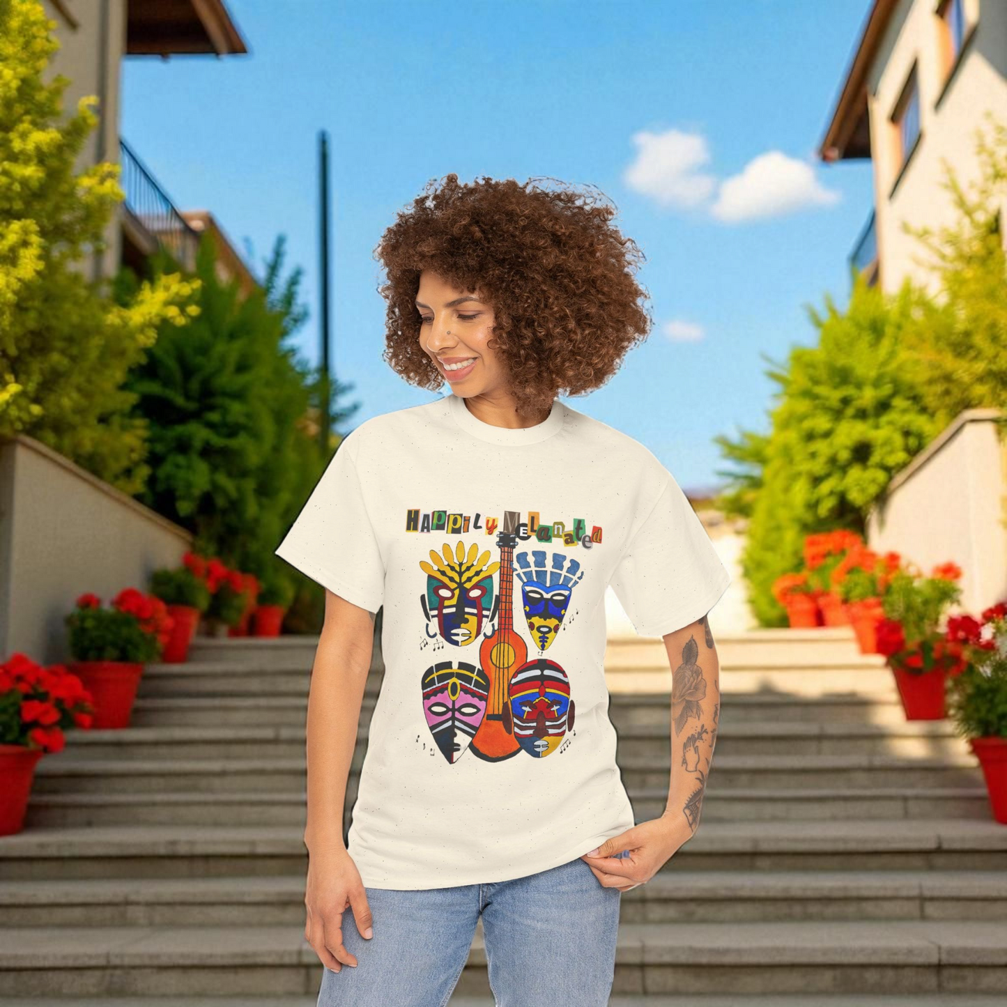 Guitar Art Tribal Masks Unisex Tee, Music Lover Graphic Shirt, Unique Handcrafted Tee