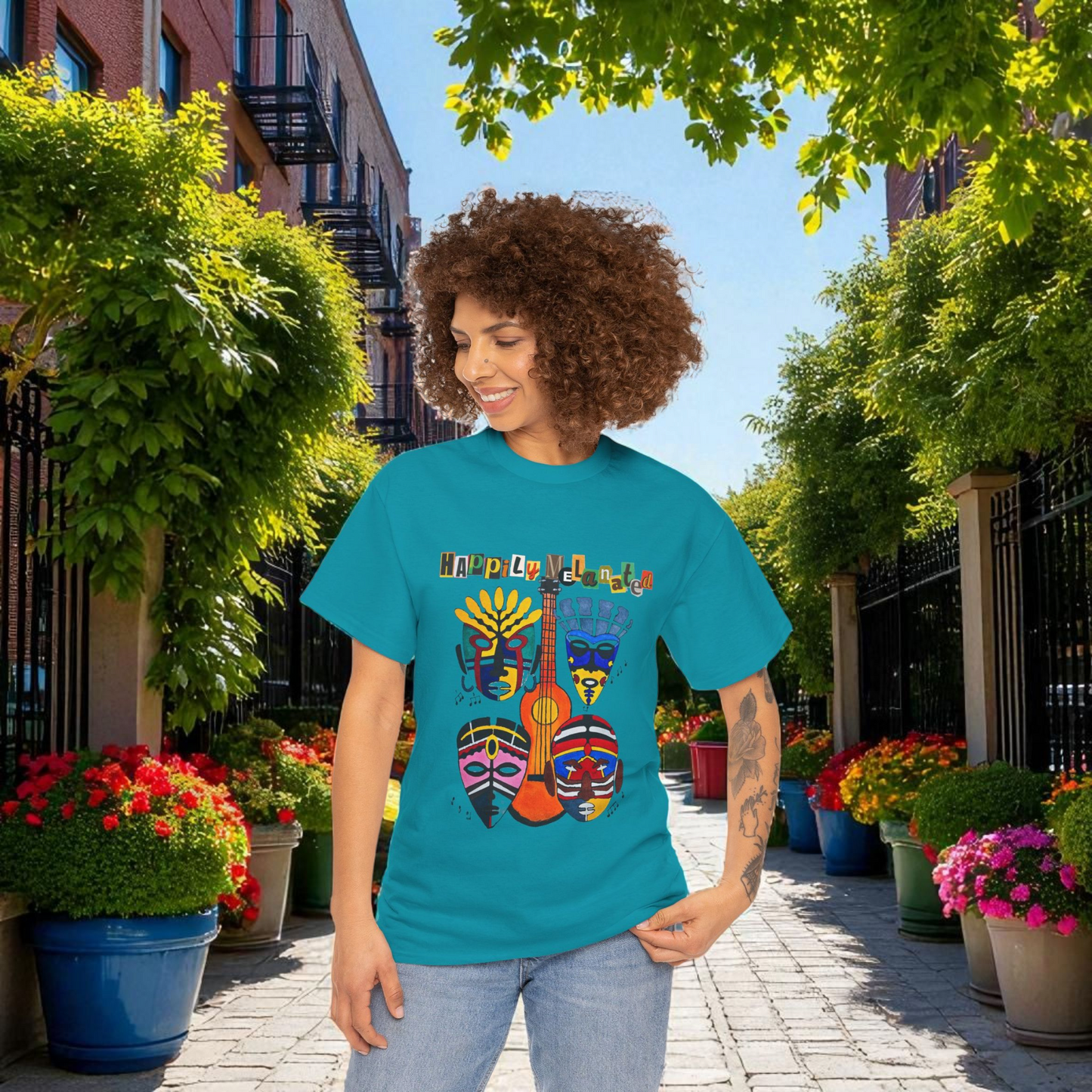 Guitar Art Tribal Masks Unisex Tee, Music Lover Graphic Shirt, Unique Handcrafted Tee