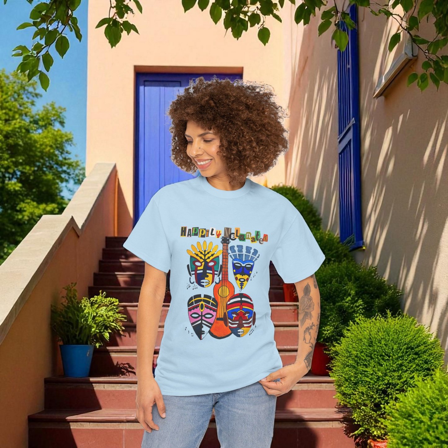Guitar Art Tribal Masks Unisex Tee, Music Lover Graphic Shirt, Unique Handcrafted Tee