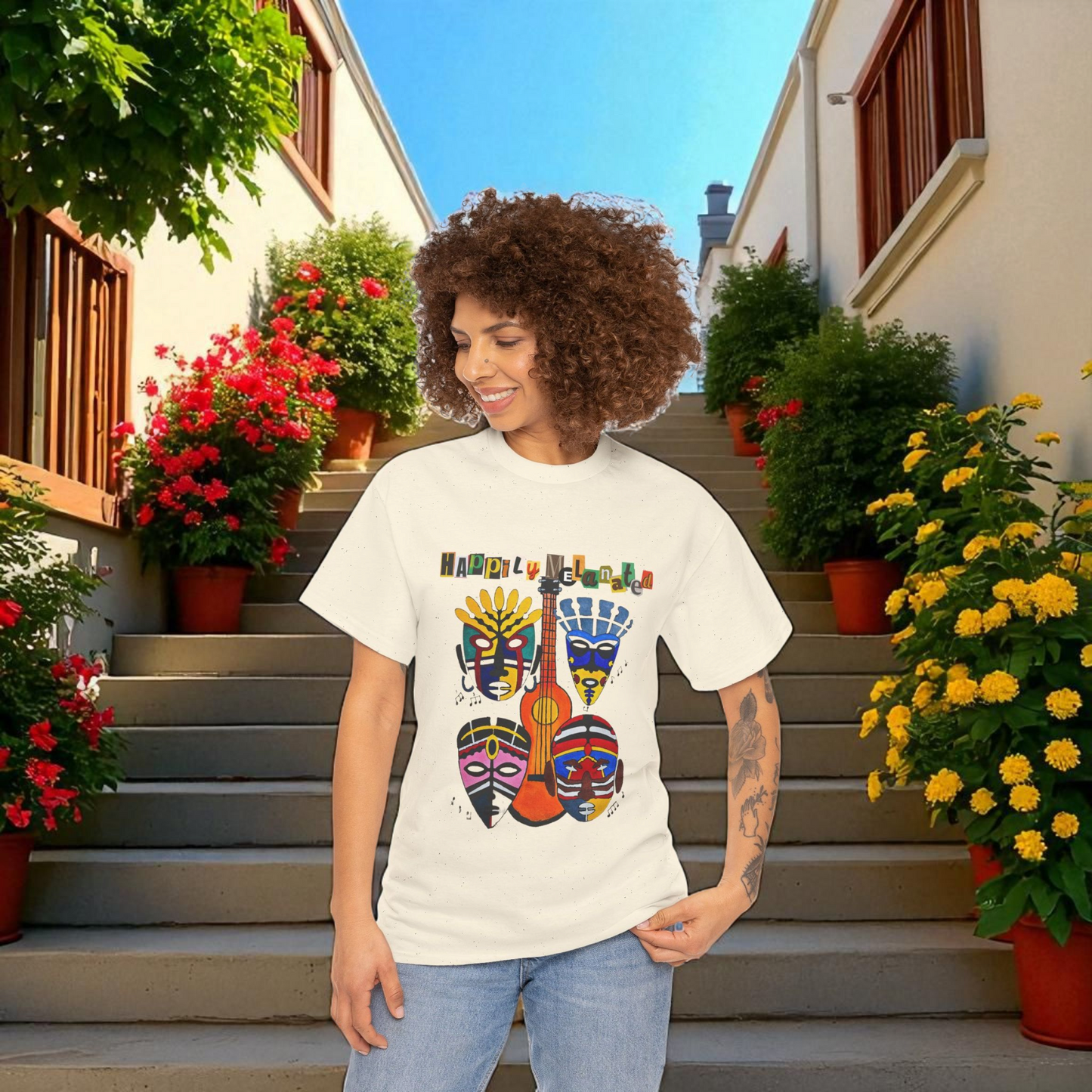 Guitar Art Tribal Masks Unisex Tee, Music Lover Graphic Shirt, Unique Handcrafted Tee