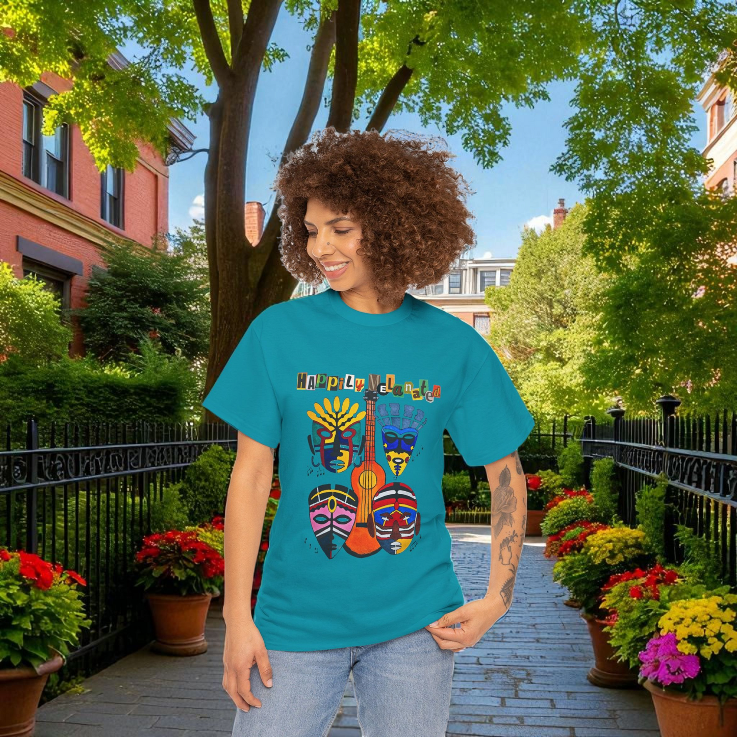 Guitar Art Tribal Masks Unisex Tee, Music Lover Graphic Shirt, Unique Handcrafted Tee