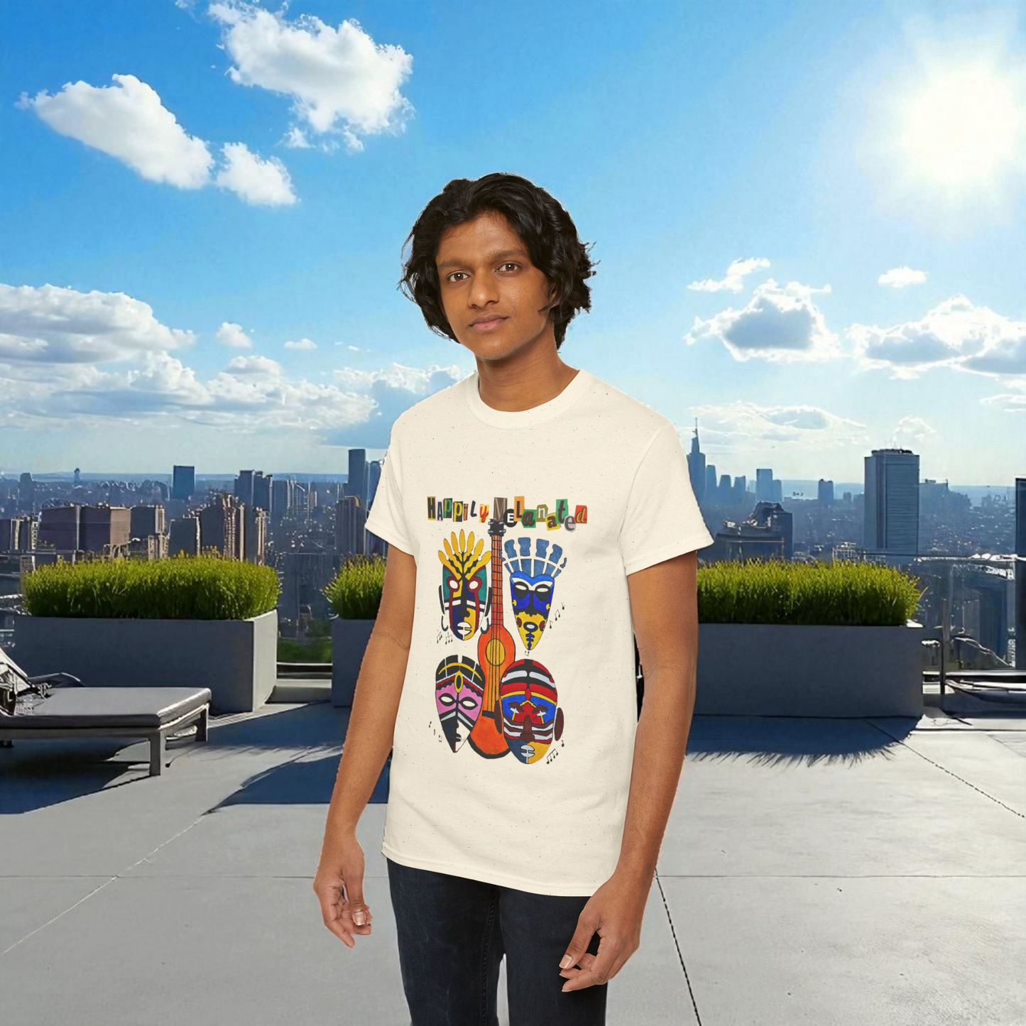 Guitar Art Tribal Masks Unisex Tee, Music Lover Graphic Shirt, Unique Handcrafted Tee