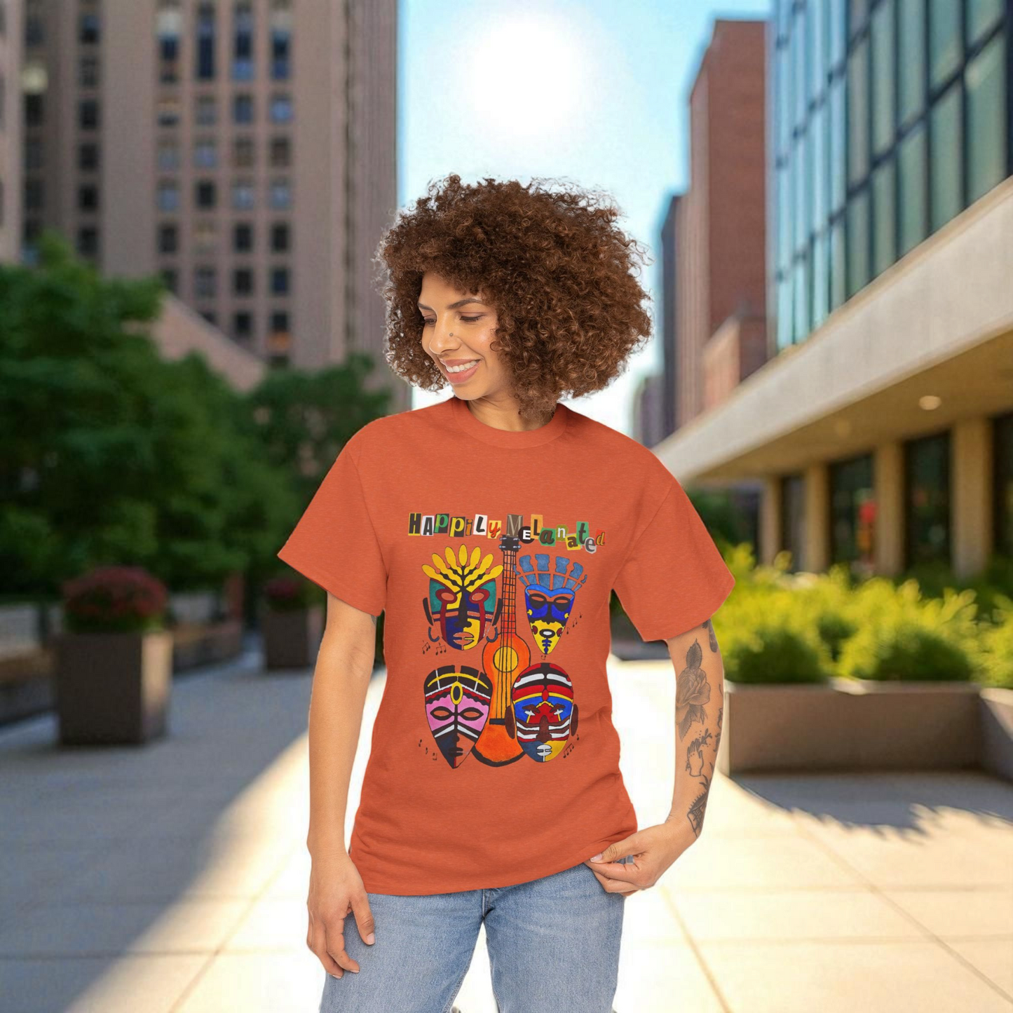 Guitar Art Tribal Masks Unisex Tee, Music Lover Graphic Shirt, Unique Handcrafted Tee