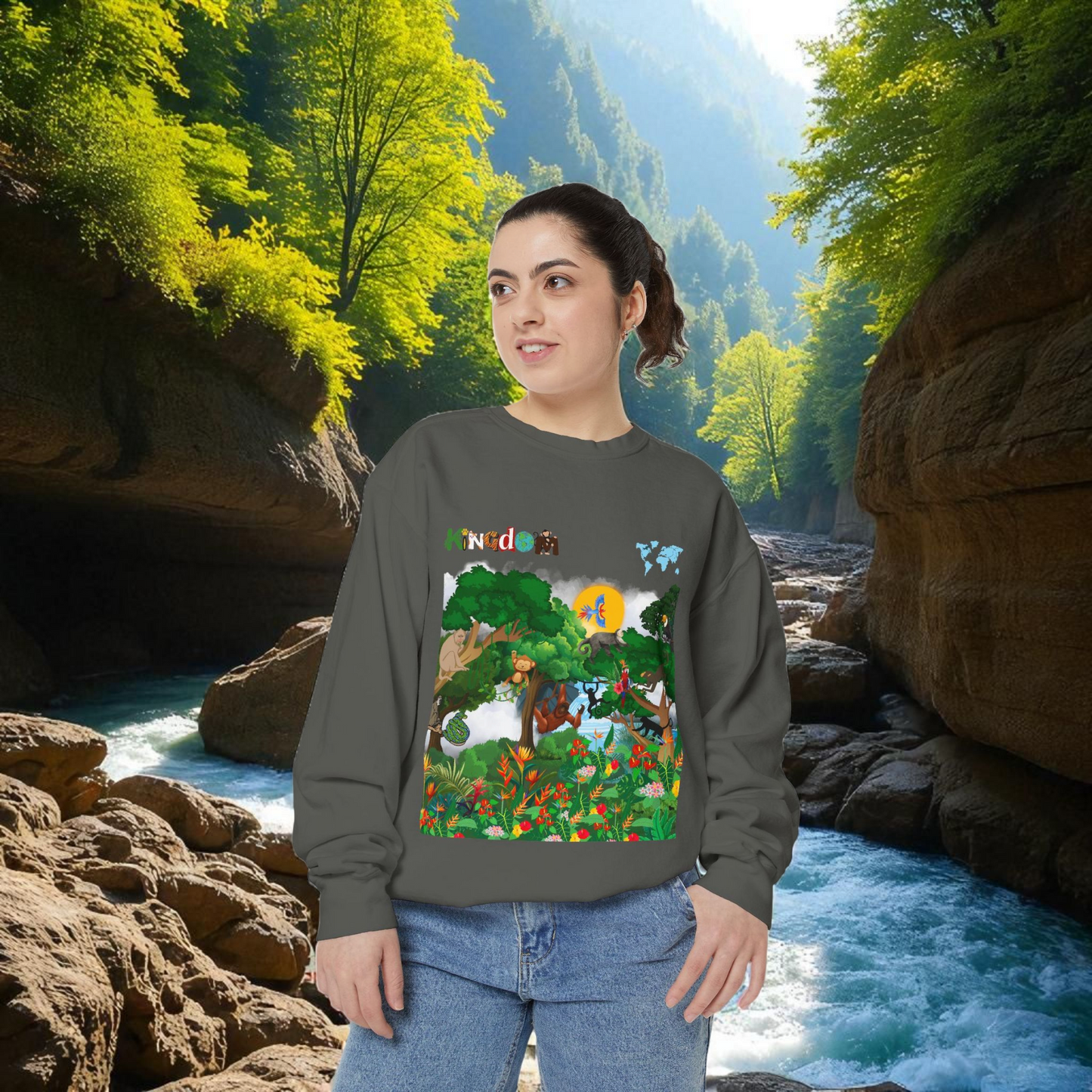 Jungle Theme Unisex Garment-Dyed Sweatshirt, Wild Animals Graphic, Safari Lover Gift