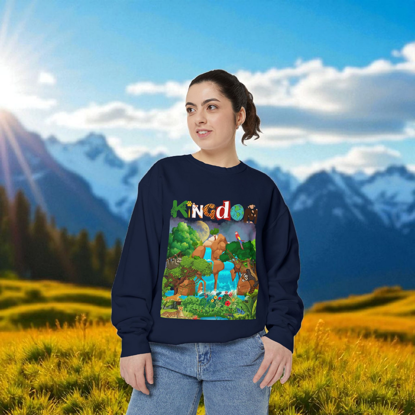 Jungle Animals Waterfall Art Sweatshirt, Animal Lover Gift, Wildlife Clothing, Rainforest Jumper