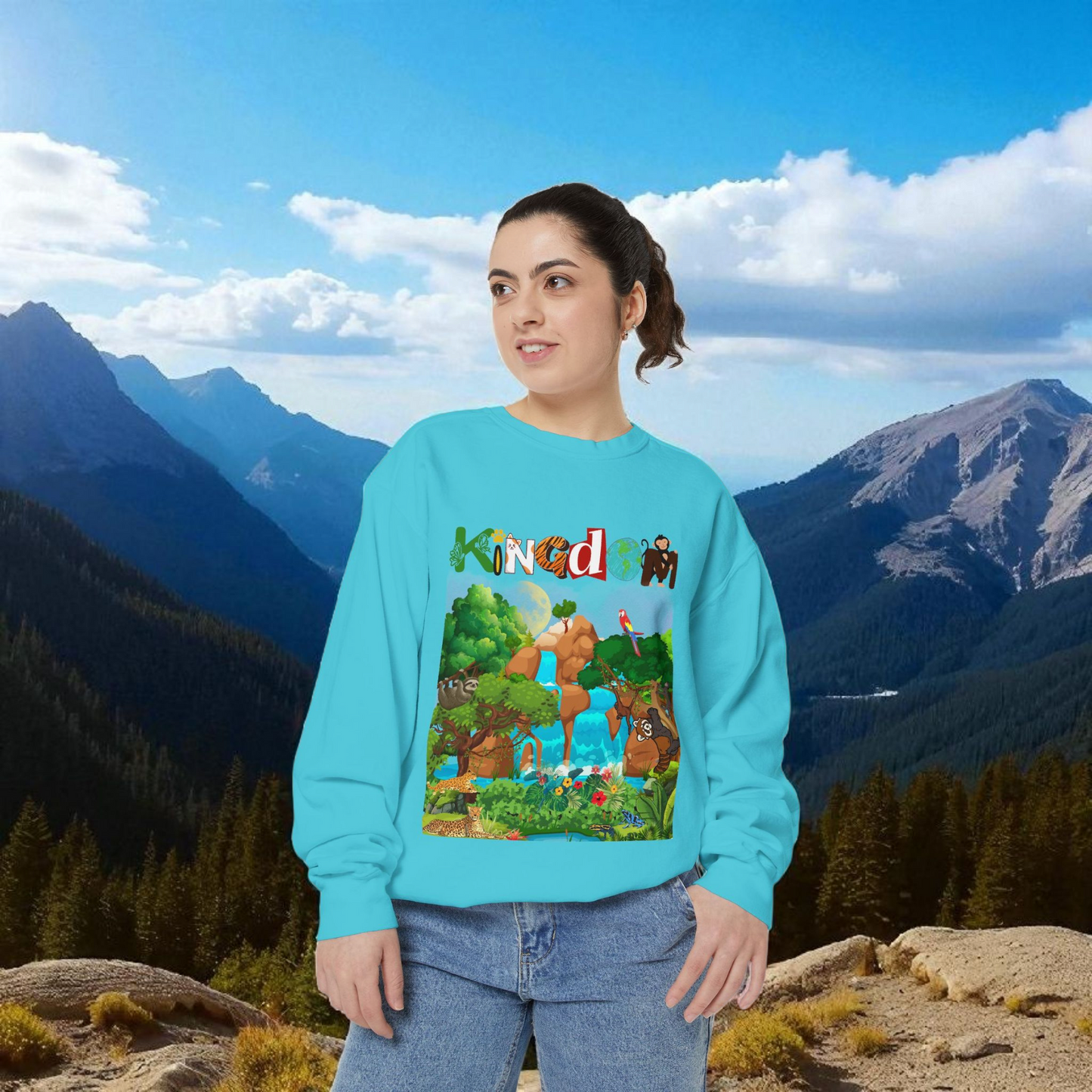 Jungle Animals Waterfall Art Sweatshirt, Animal Lover Gift, Wildlife Clothing, Rainforest Jumper