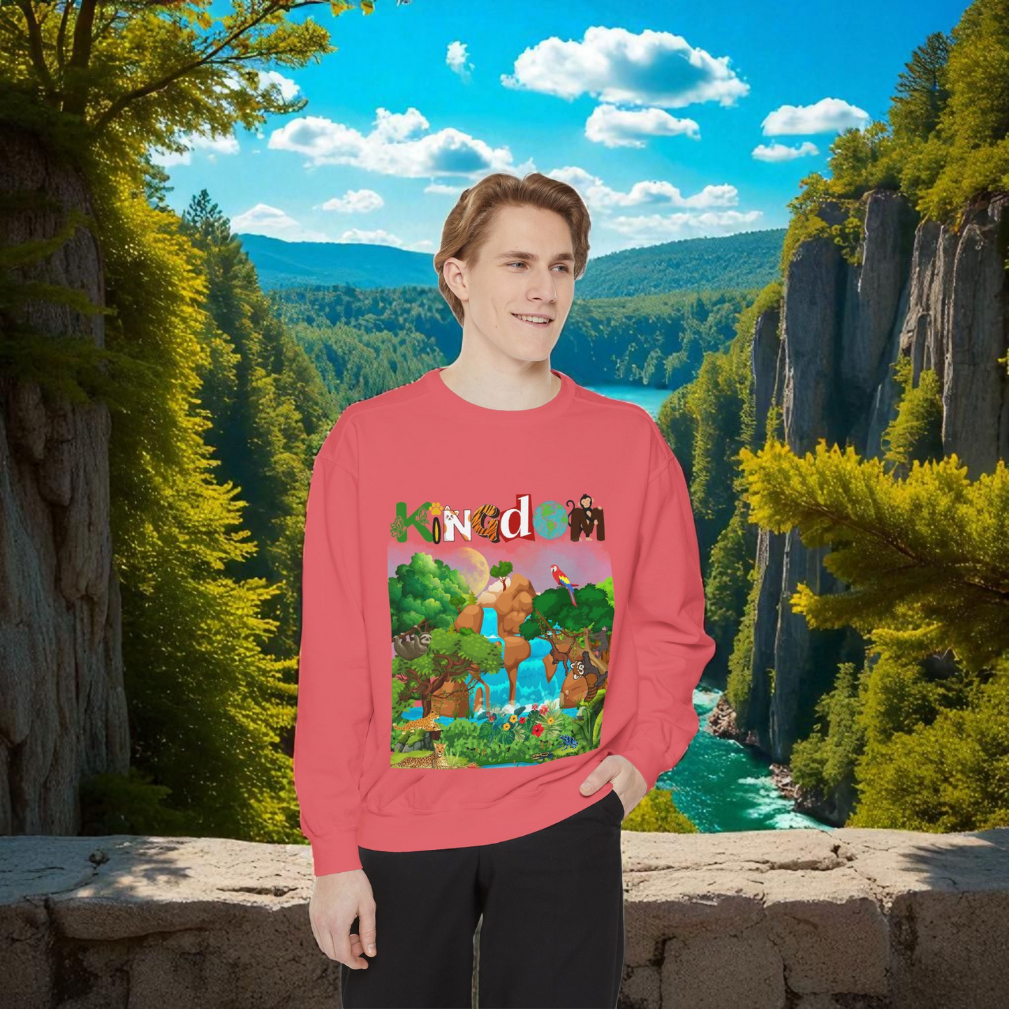 Jungle Animals Waterfall Art Sweatshirt, Animal Lover Gift, Wildlife Clothing, Rainforest Jumper