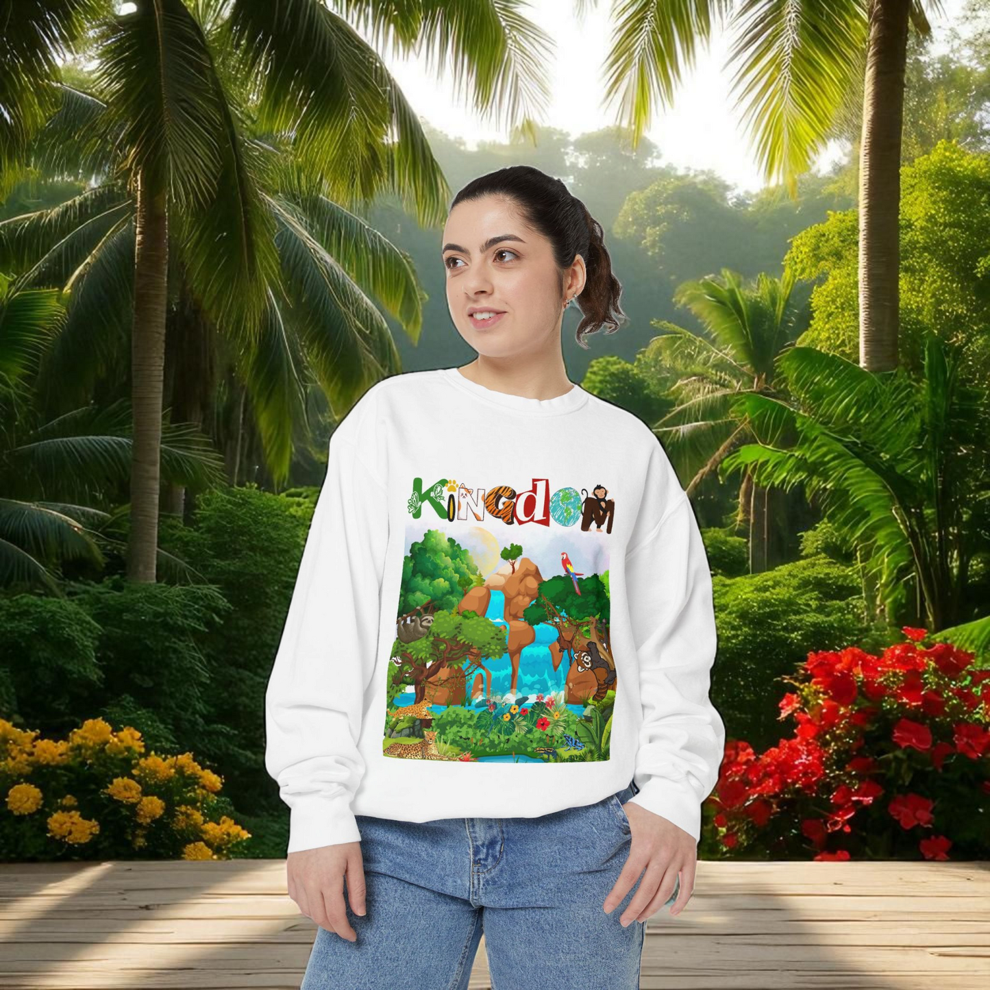 Jungle Animals Waterfall Art Sweatshirt, Animal Lover Gift, Wildlife Clothing, Rainforest Jumper