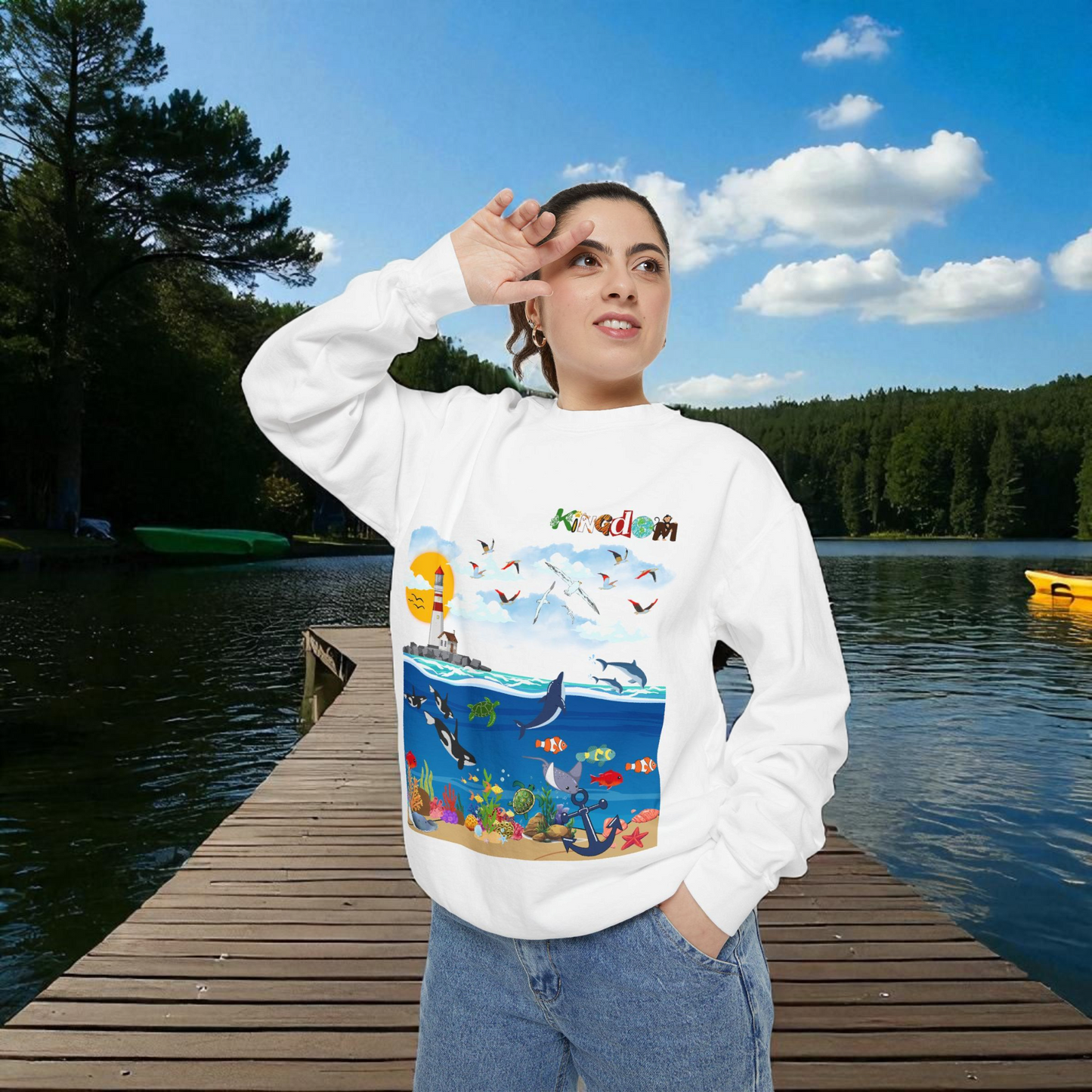 Nautical Dolphins Graphic Sweatshirt, Ocean Life Garment-Dye Jumper, Unisex Crewneck