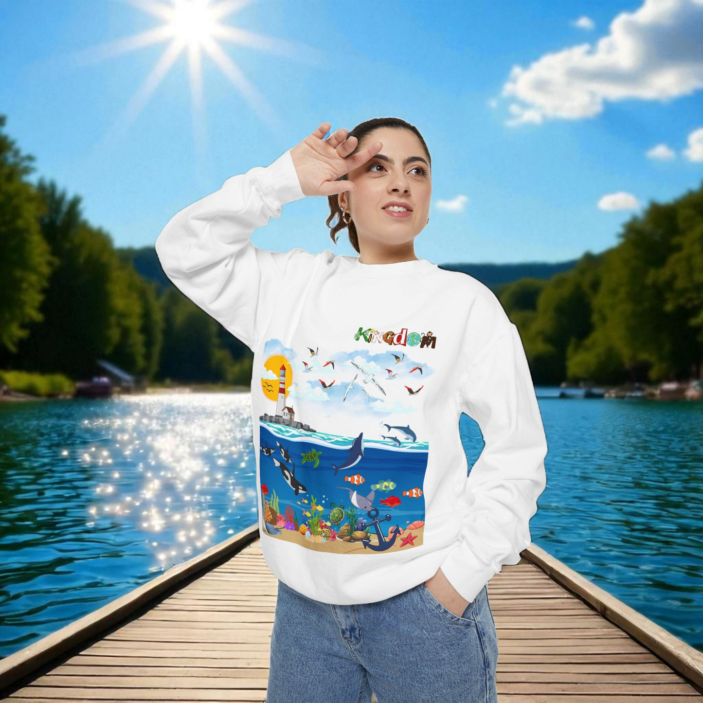 Nautical Dolphins Graphic Sweatshirt, Ocean Life Garment-Dye Jumper, Unisex Crewneck