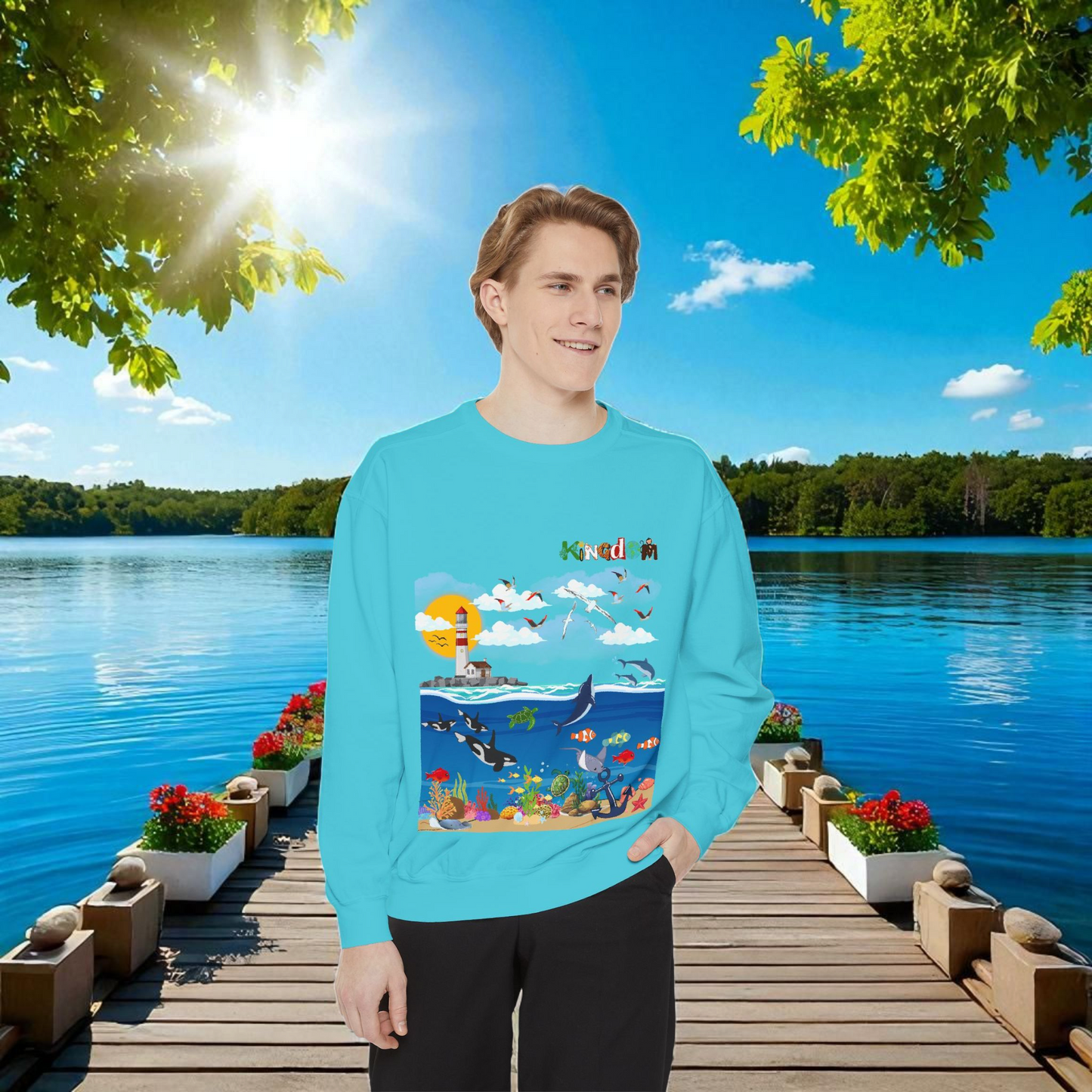 Nautical Dolphins Graphic Sweatshirt, Ocean Life Garment-Dye Jumper, Unisex Crewneck