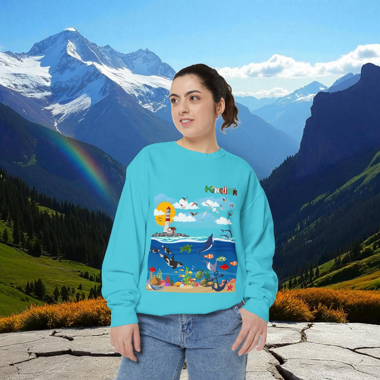 Nautical Dolphins Graphic Sweatshirt, Ocean Life Garment-Dye Jumper, Unisex Crewneck