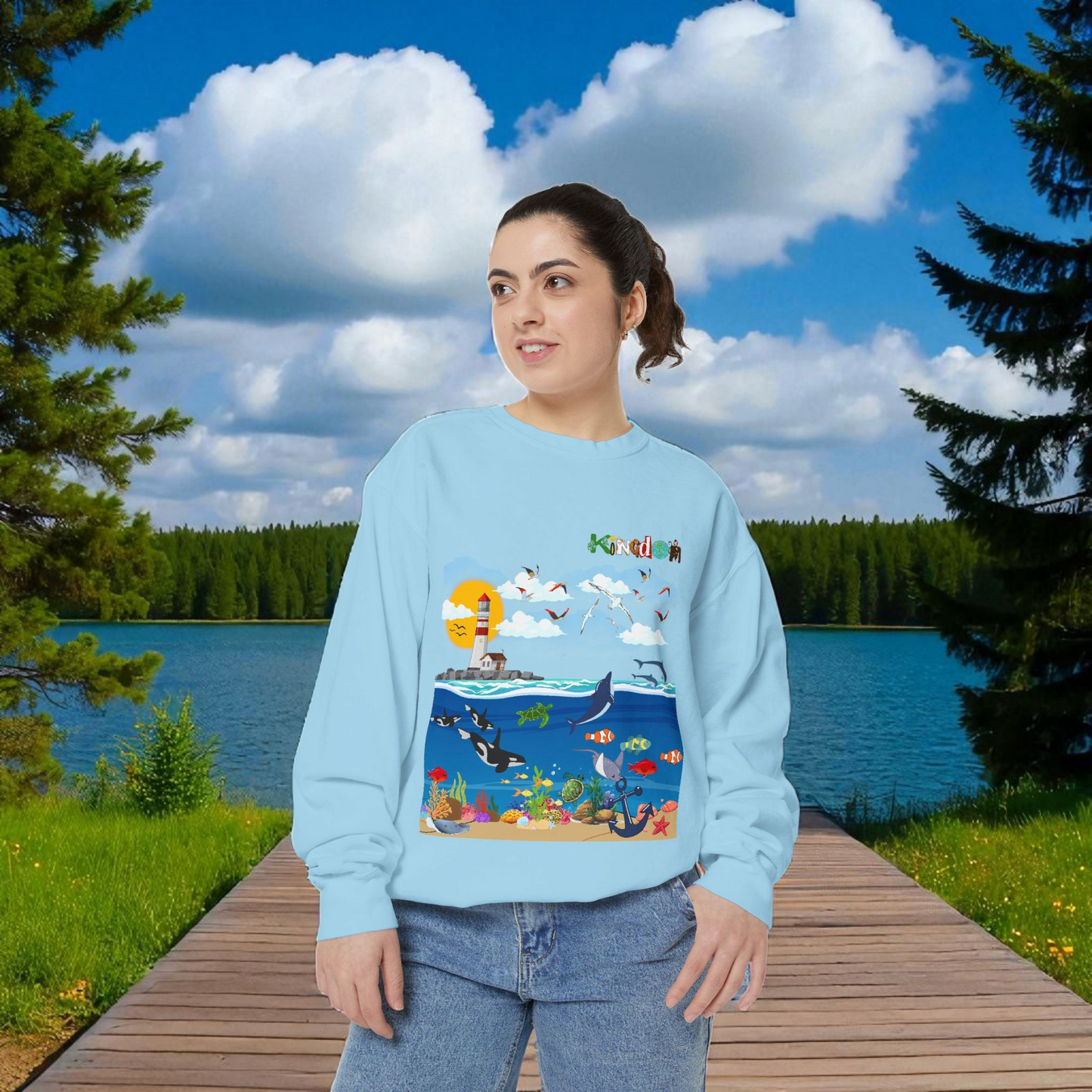 Nautical Dolphins Graphic Sweatshirt, Ocean Life Garment-Dye Jumper, Unisex Crewneck