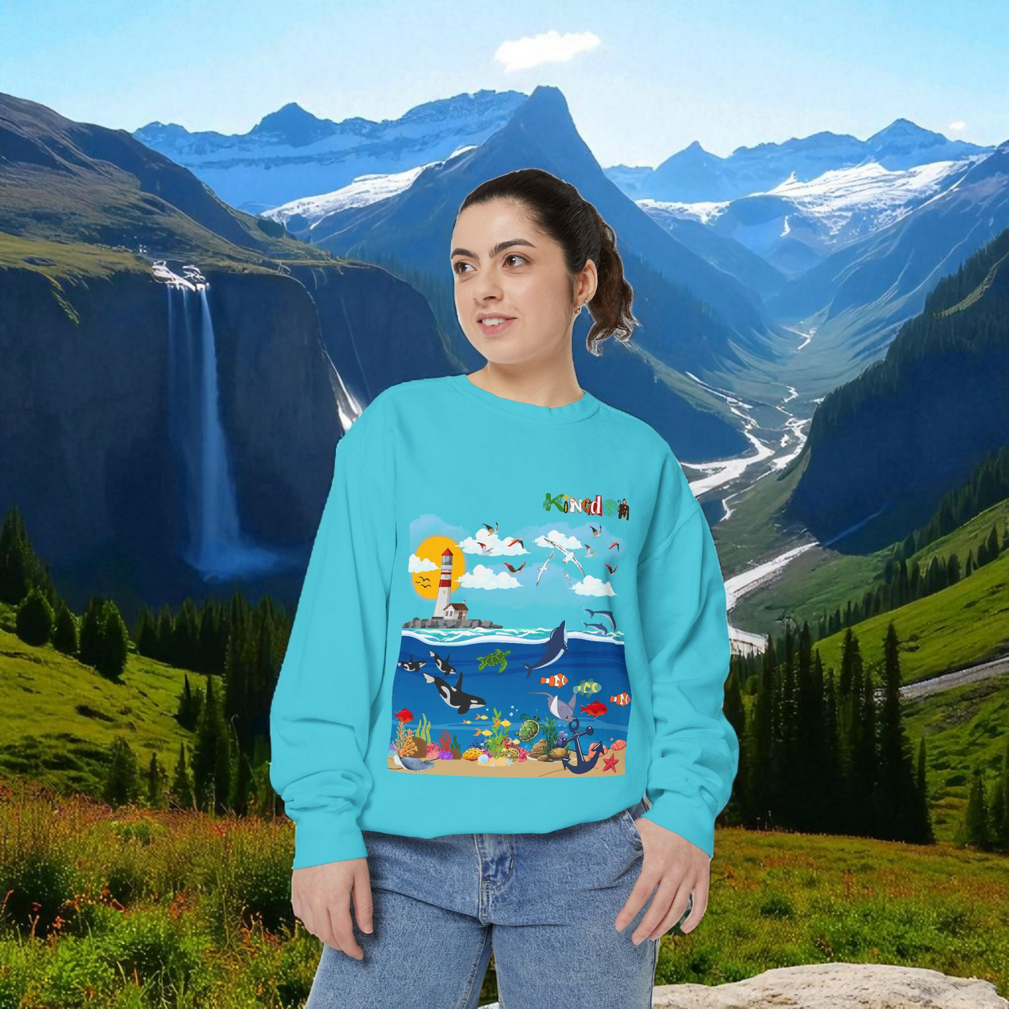 Nautical Dolphins Graphic Sweatshirt, Ocean Life Garment-Dye Jumper, Unisex Crewneck