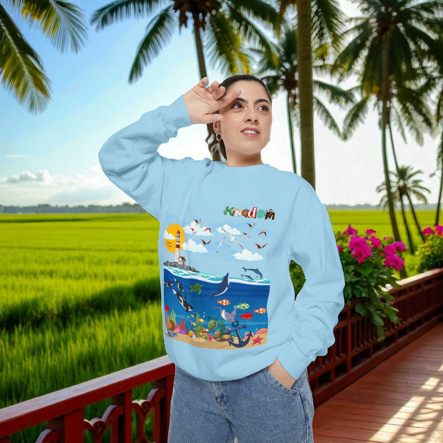 Nautical Dolphins Graphic Sweatshirt, Ocean Life Garment-Dye Jumper, Unisex Crewneck