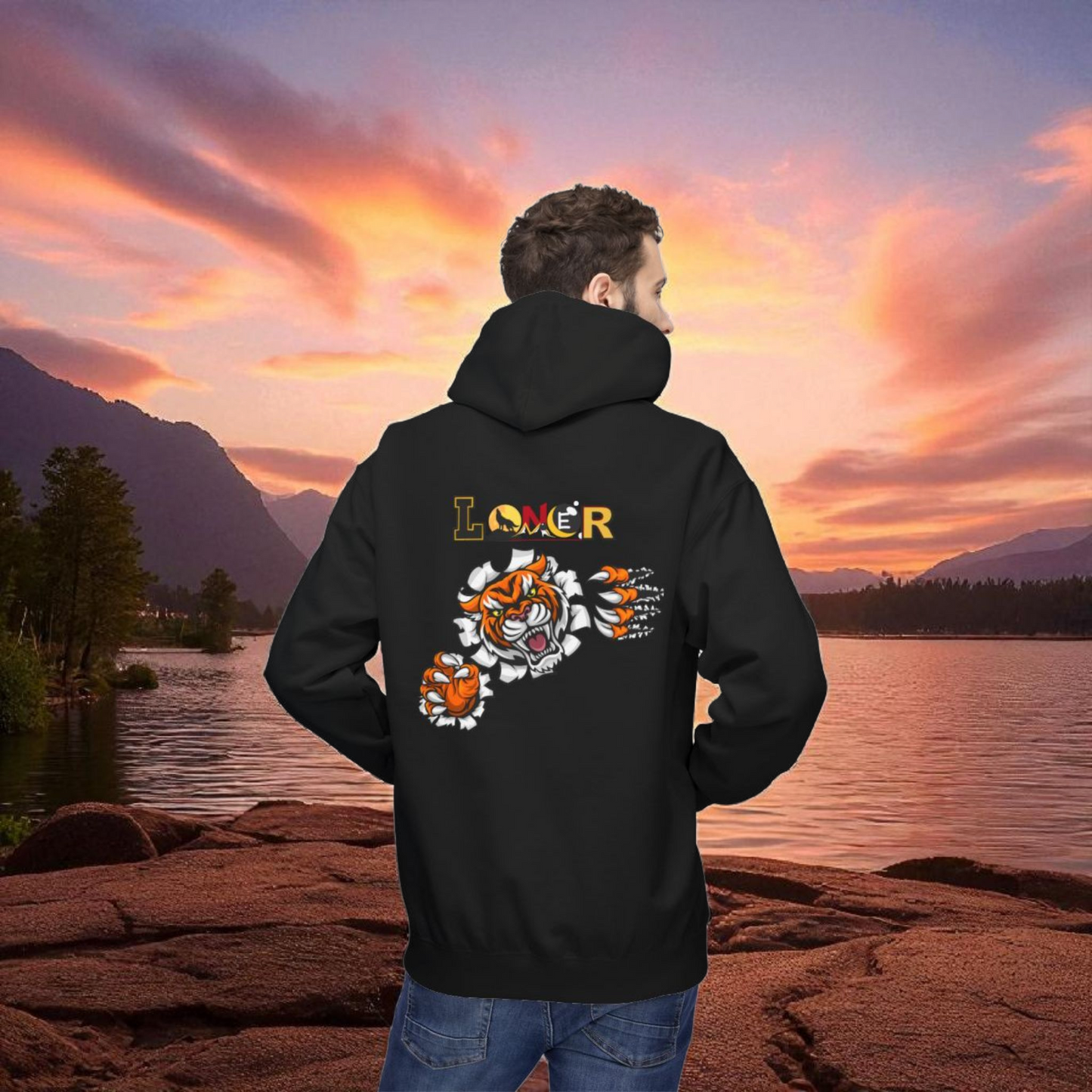 Tiger Graphic Hoodie, Lone Wolf Sweatshirt, Unisex Fleece Pullover, Softstyle, Cozy Animal Print