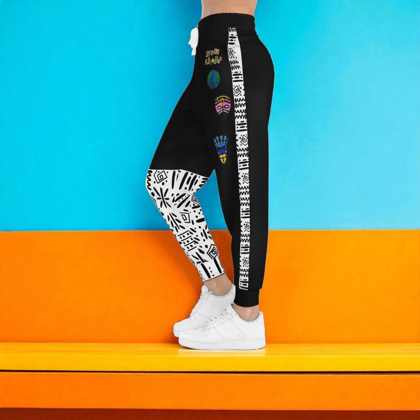 Handcrafted Afro Music Cartoon Art Athletic Joggers, Unisex Sweatpants, African Dance Jogging Pants