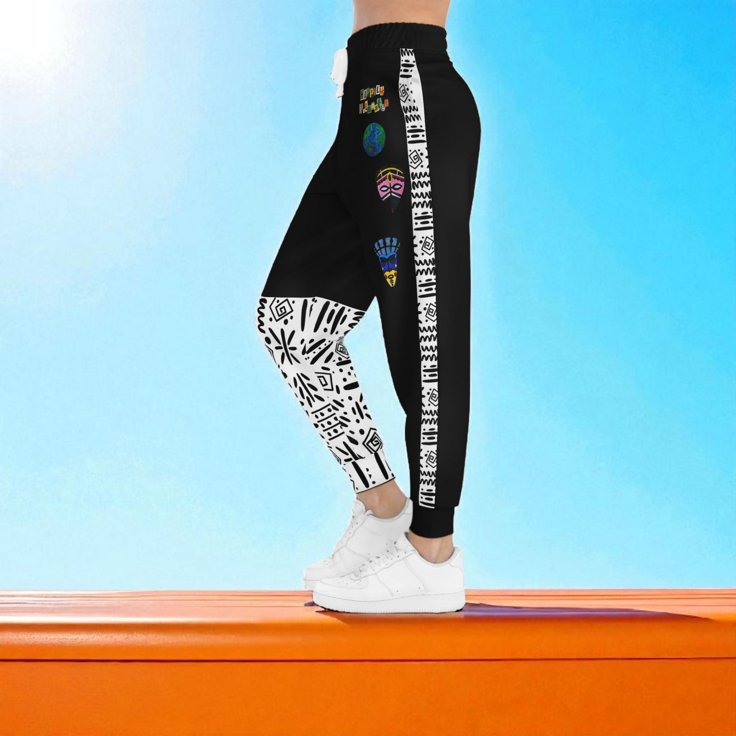 Handcrafted Afro Music Cartoon Art Athletic Joggers, Unisex Sweatpants, African Dance Jogging Pants