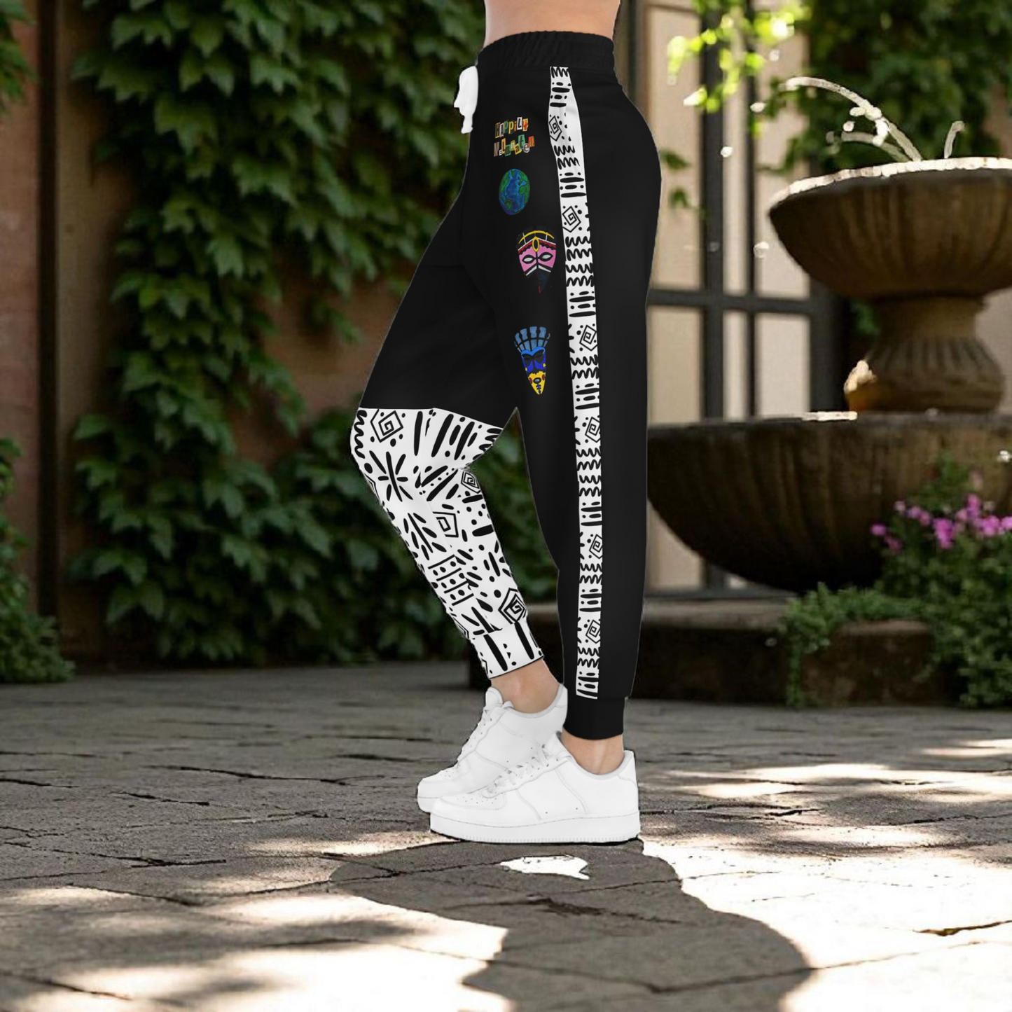 Handcrafted Afro Music Cartoon Art Athletic Joggers, Unisex Sweatpants, African Dance Jogging Pants