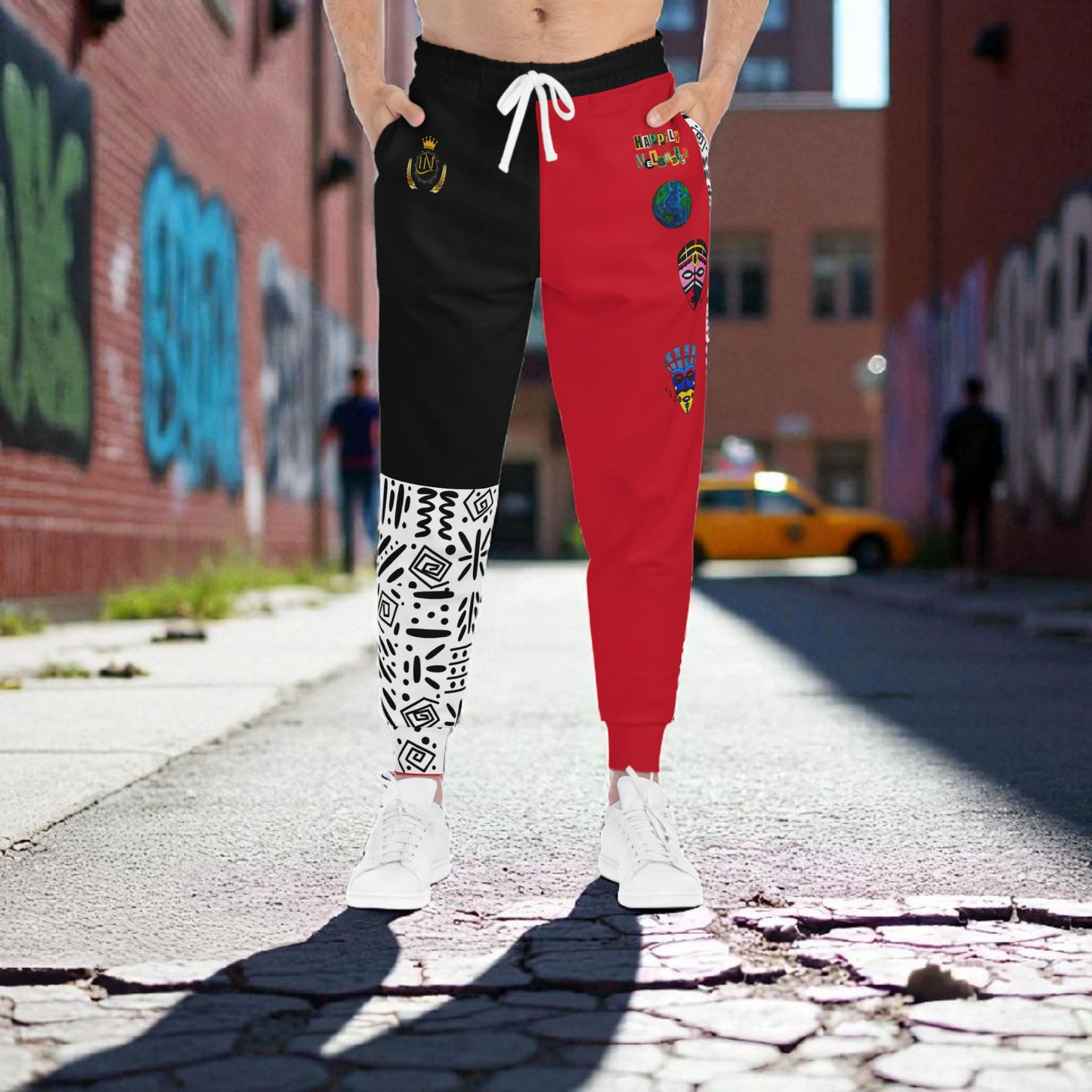Handcrafted Afro Music Cartoon Art Athletic Joggers, Unisex Sweatpants, African Dance Jogging Pants