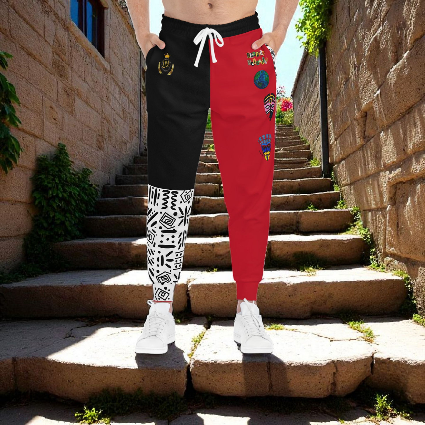 Handcrafted Afro Music Cartoon Art Athletic Joggers, Unisex Sweatpants, African Dance Jogging Pants