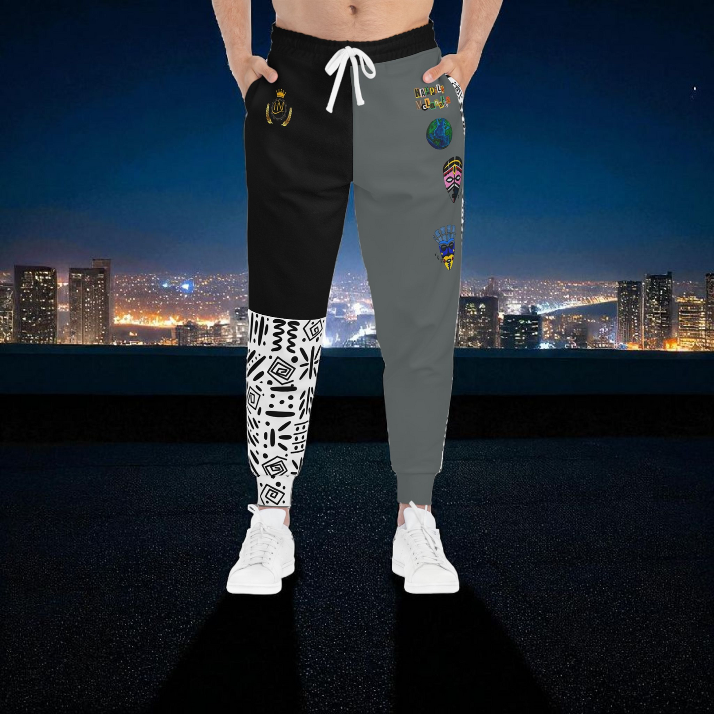 Handcrafted Afro Music Cartoon Art Athletic Joggers, Unisex Sweatpants, African Dance Jogging Pants