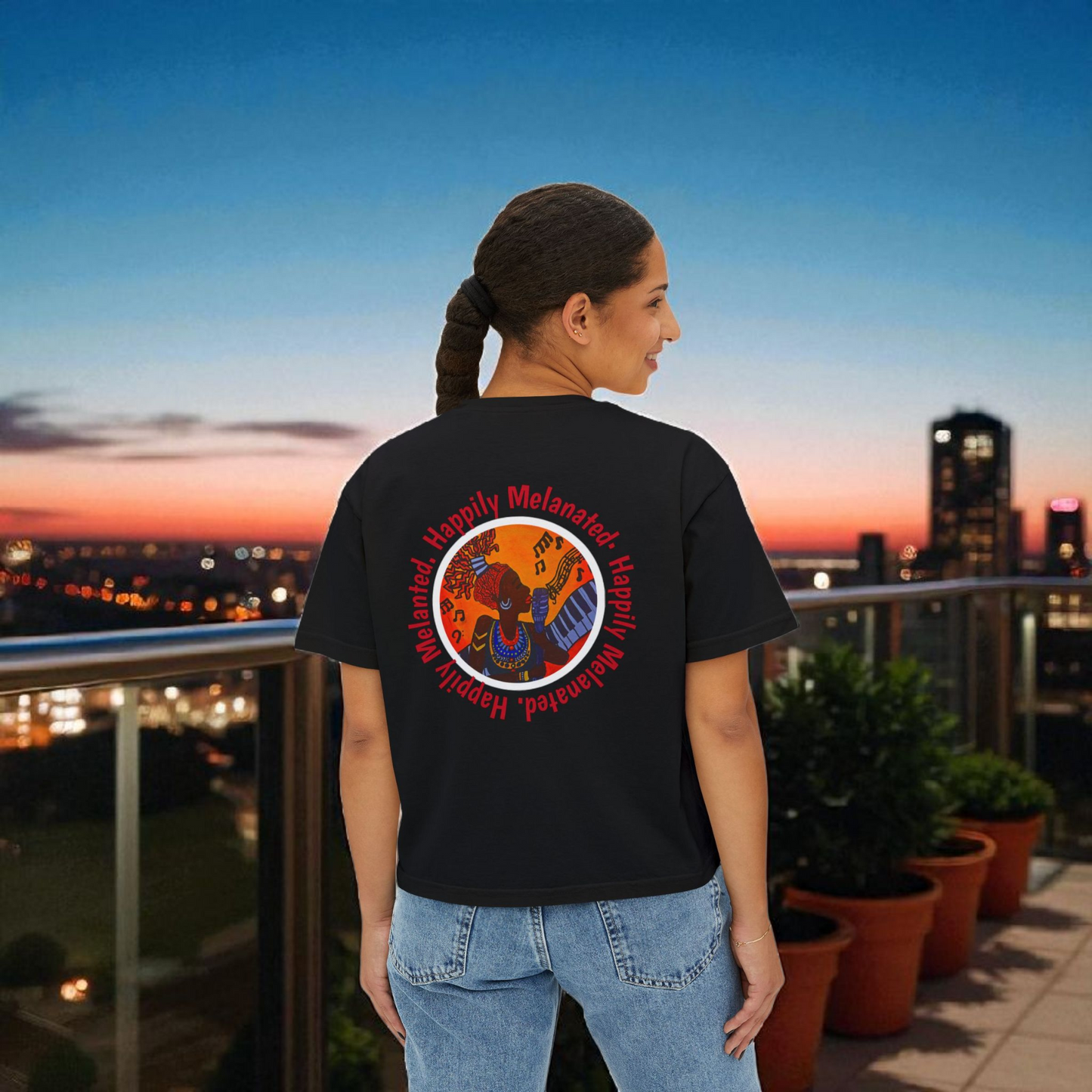 Women's Afro Music Cartoon Oversized Boxy T-shirt
