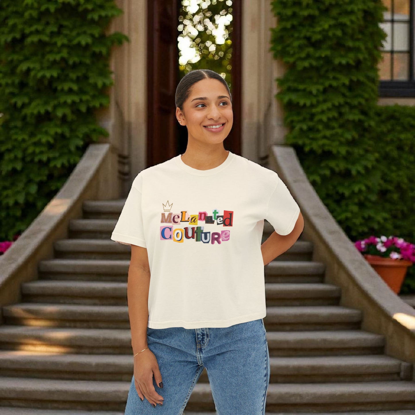 Crowned Black Woman Art Graphic T-Shirt, Afrocentric Women's Boxy Tee