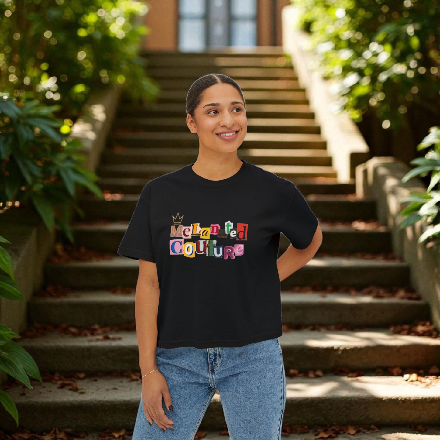 Crowned Black Woman Art Graphic T-Shirt, Afrocentric Women's Boxy Tee