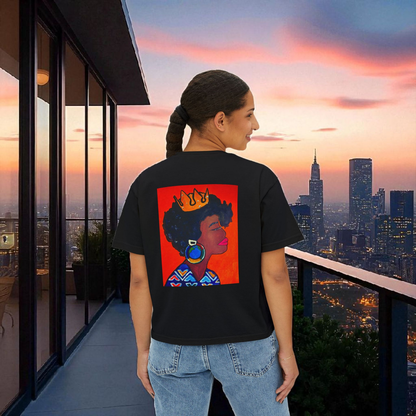 Crowned Black Woman Art Graphic T-Shirt, Afrocentric Women's Boxy Tee
