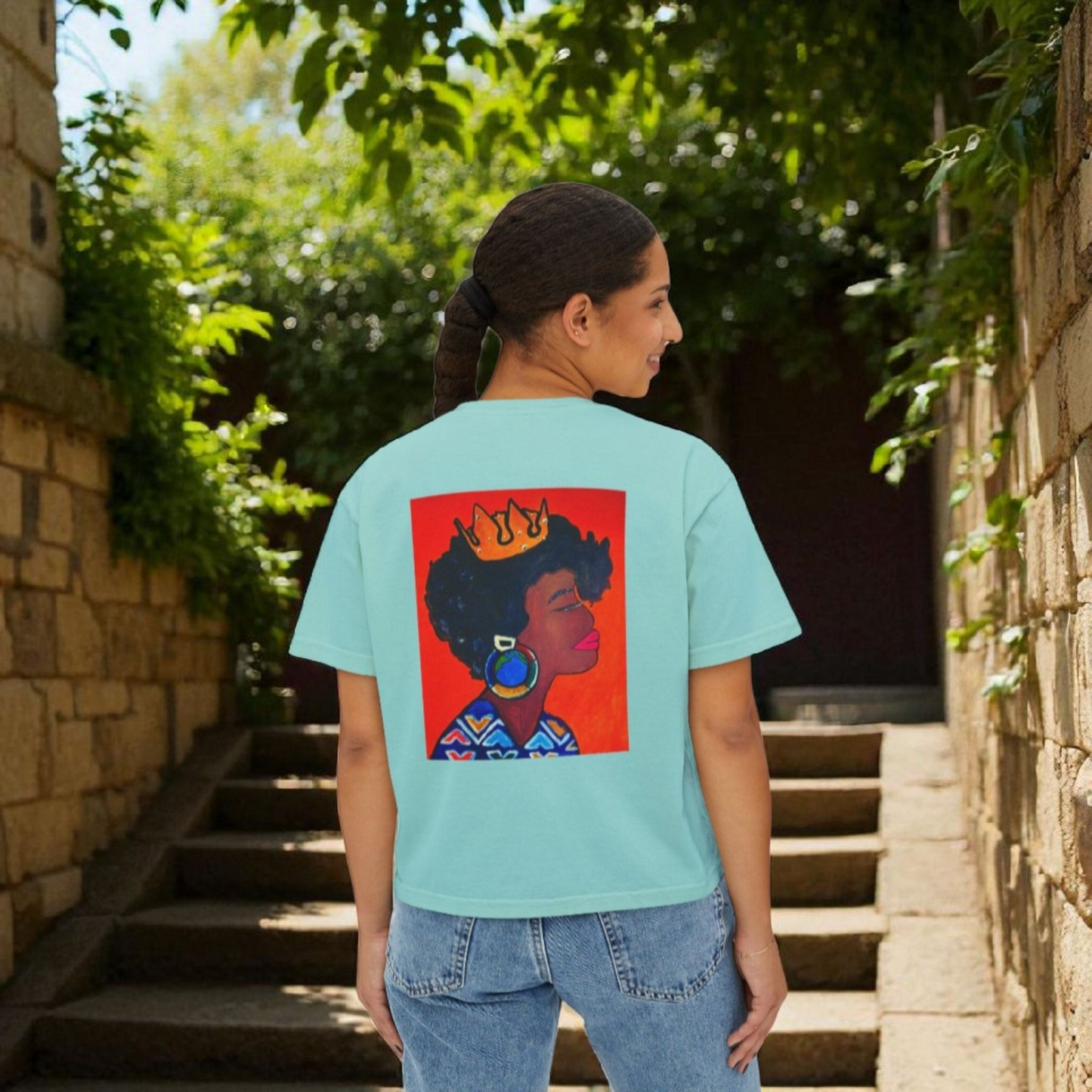Crowned Black Woman Art Graphic T-Shirt, Afrocentric Women's Boxy Tee