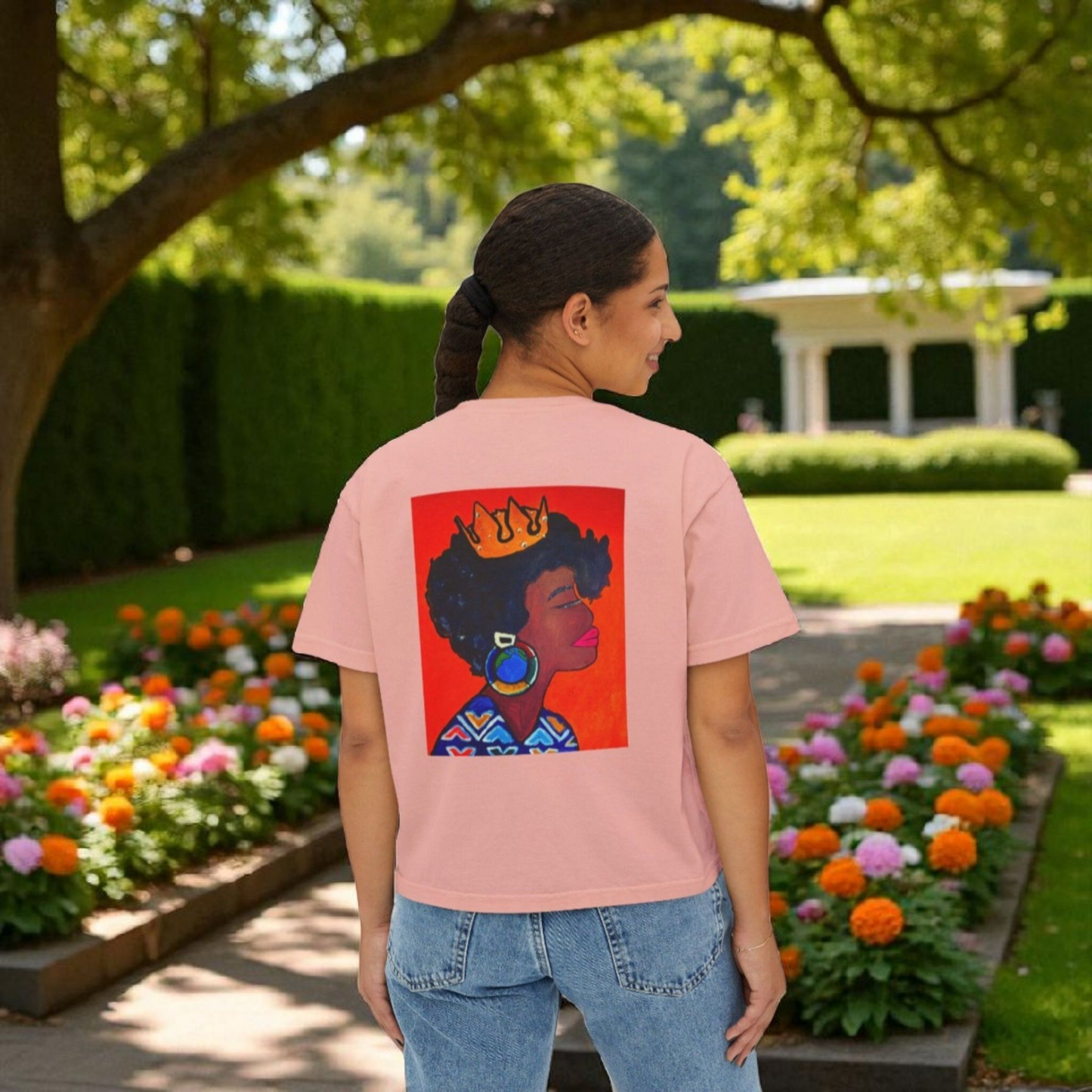 Crowned Black Woman Art Graphic T-Shirt, Afrocentric Women's Boxy Tee