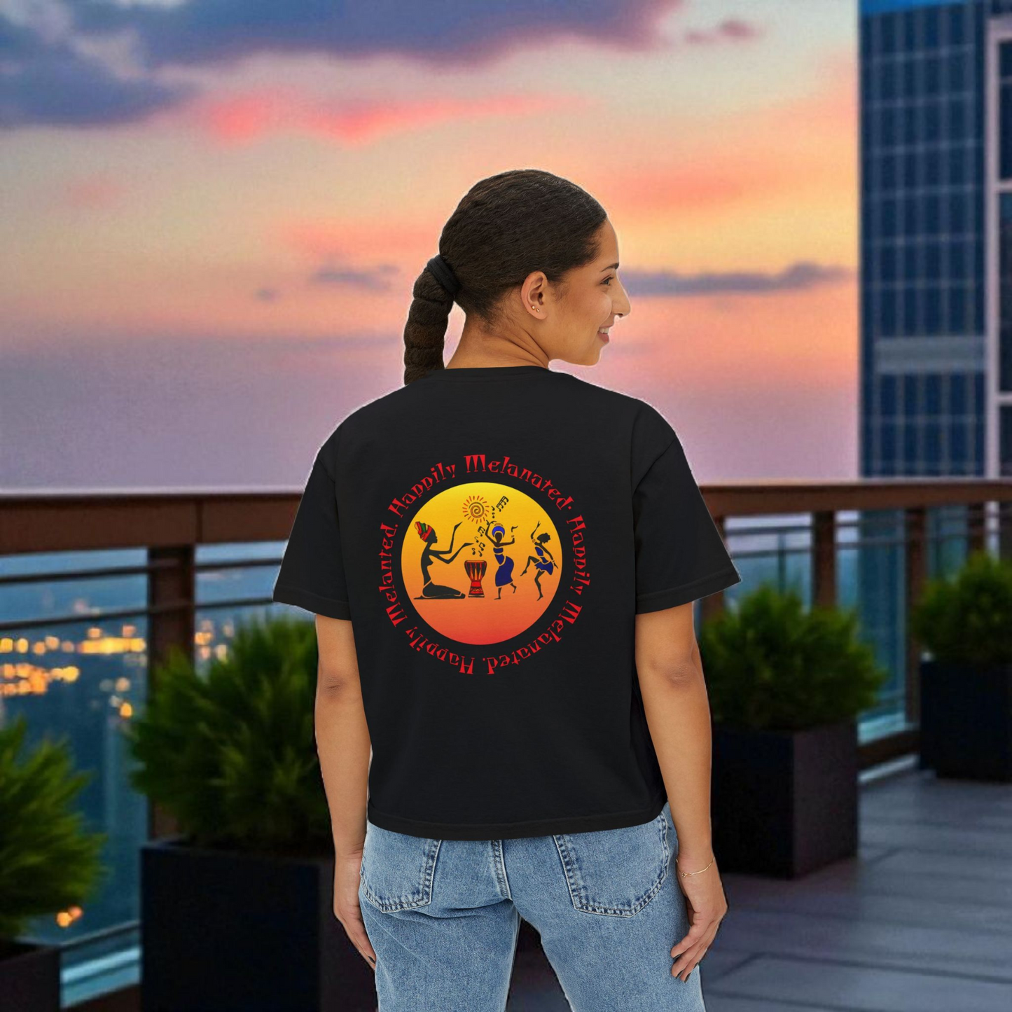 Women's Afrocentric Music Cartoon Graphic Oversized Boxy T-shirt
