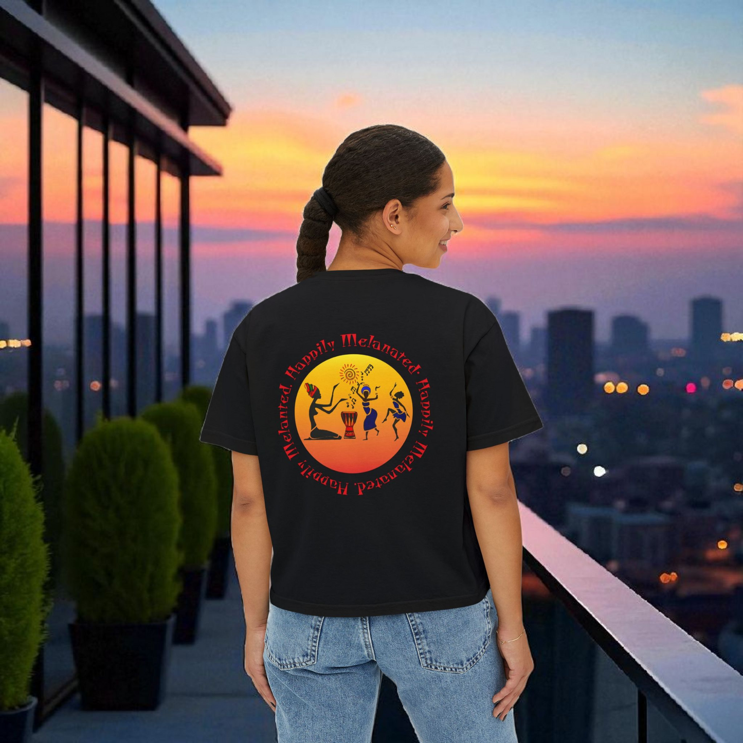Women's Afrocentric Music Cartoon Graphic Oversized Boxy T-shirt