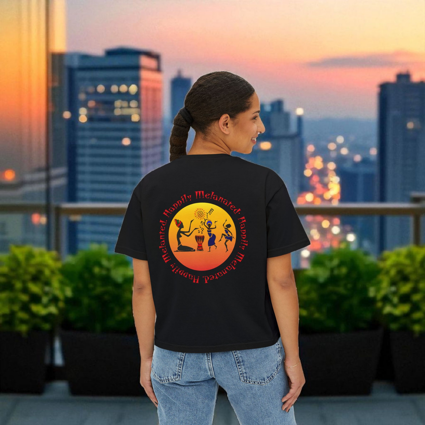 Women's Afrocentric Music Cartoon Graphic Oversized Boxy T-shirt