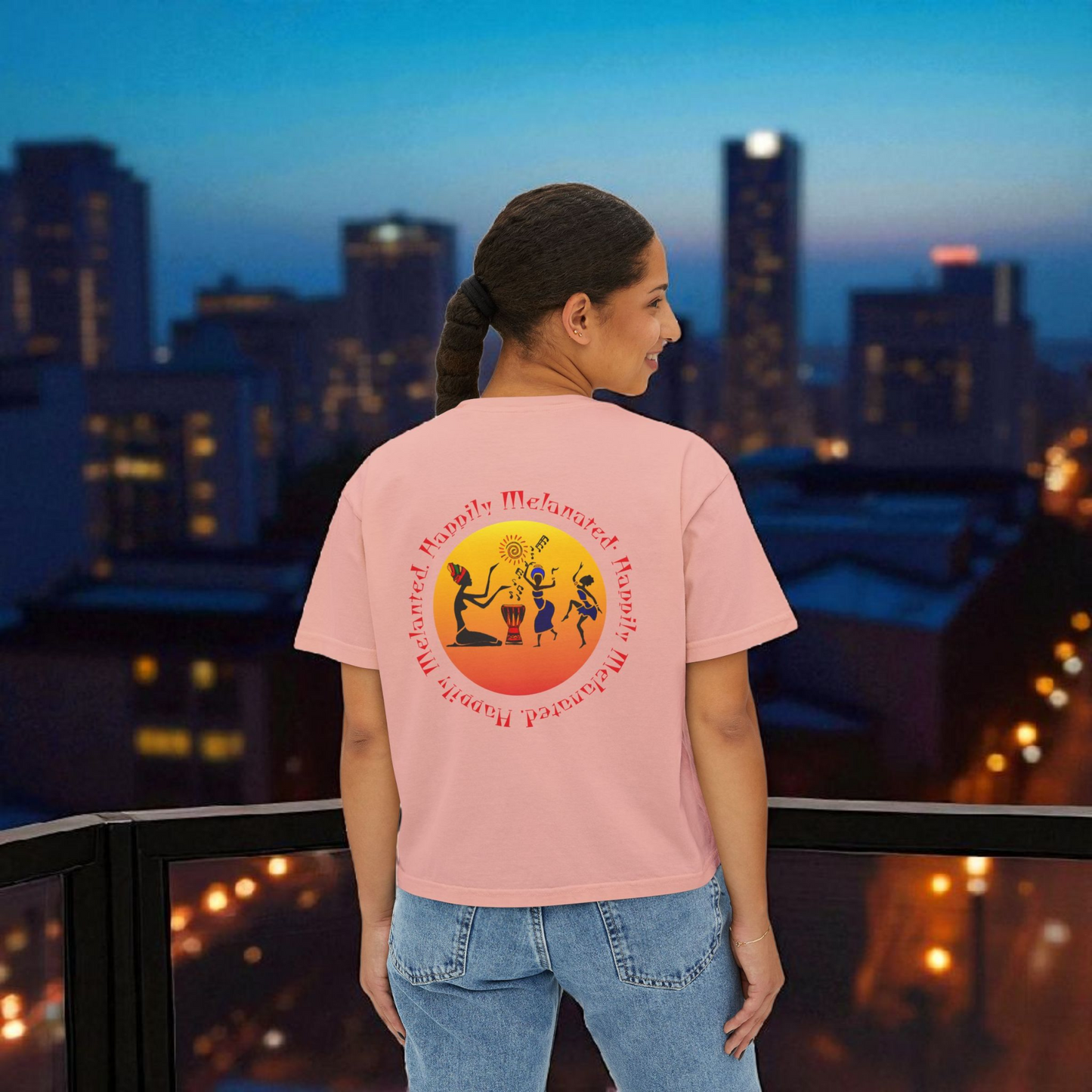 Women's Afrocentric Music Cartoon Graphic Oversized Boxy T-shirt