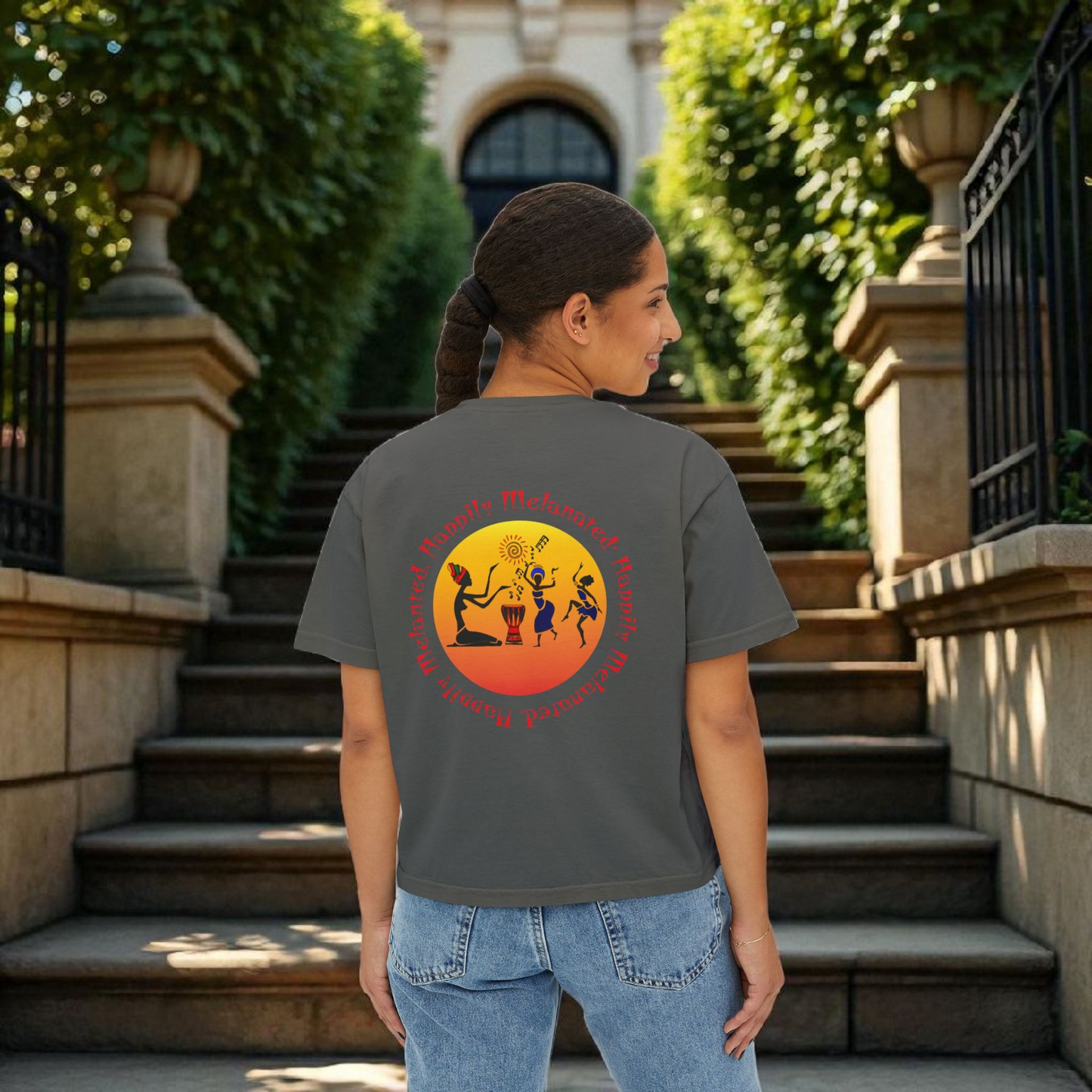 Women's Afrocentric Music Cartoon Graphic Oversized Boxy T-shirt