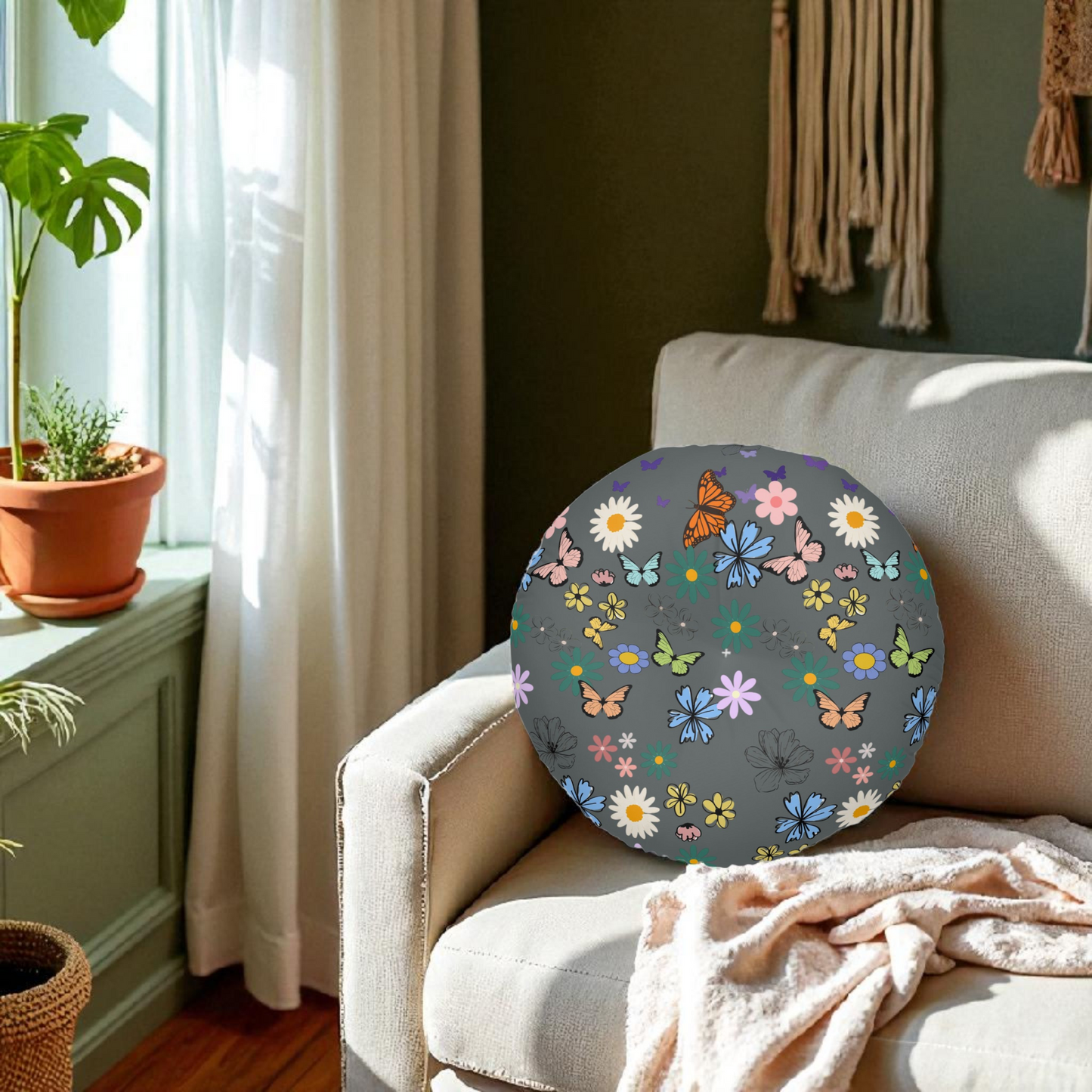 Floral Tufted Floor Pillow - Round Cushion for Cozy Decor