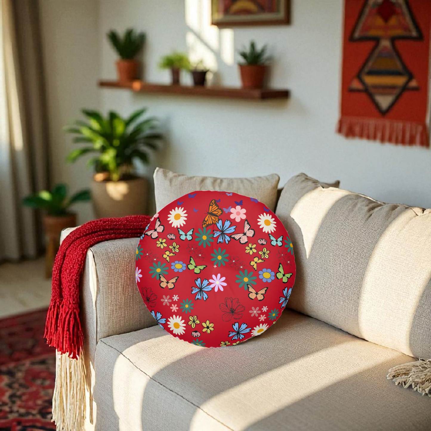 Floral Tufted Floor Pillow - Round Cushion for Cozy Decor
